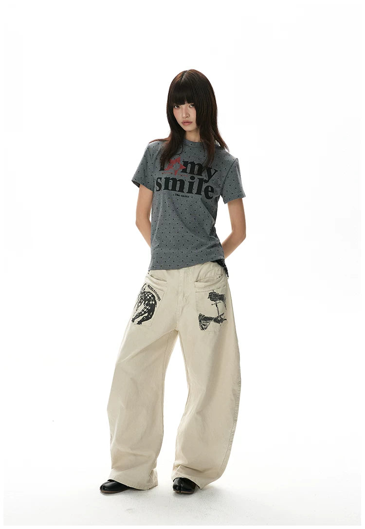 A PUEE Retro Polka Dot Round Neck Front Shoulder Slim Tee