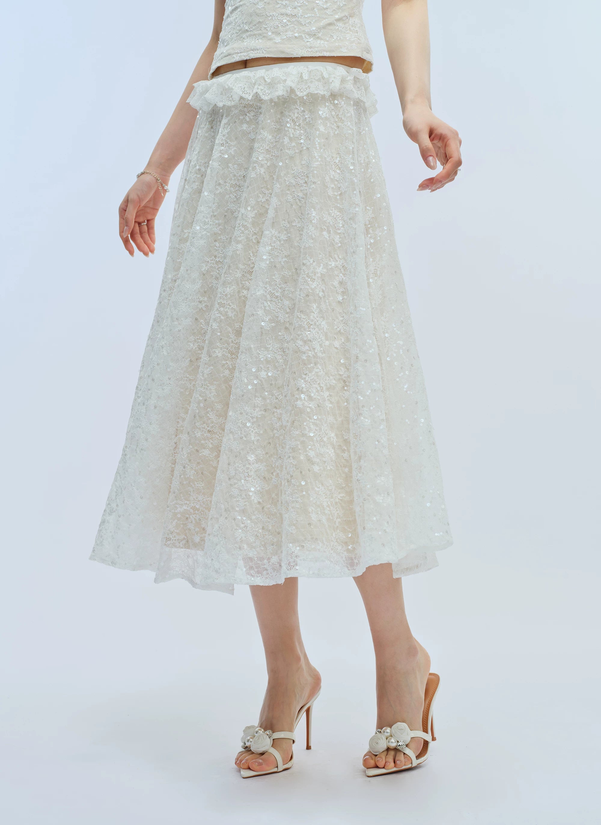 J TheChosen Lace Sequined Flountain Tank Top Skirt Set