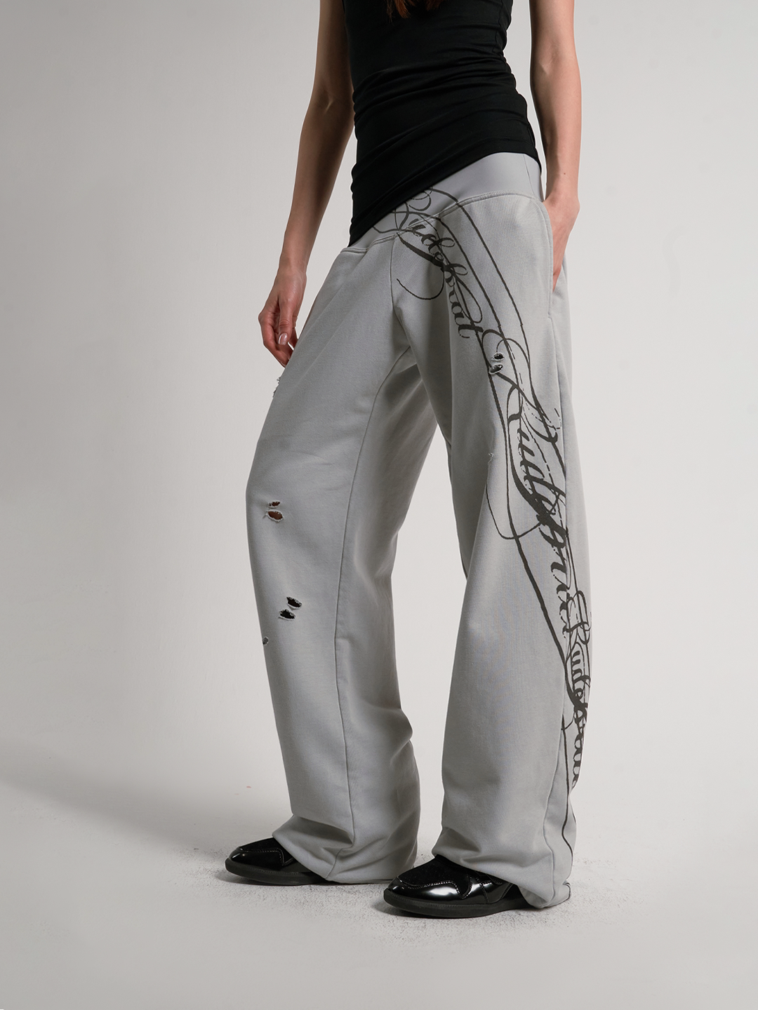 NoEmosen Music Note Floral Pattern Stitching Scimitar Sweatpants