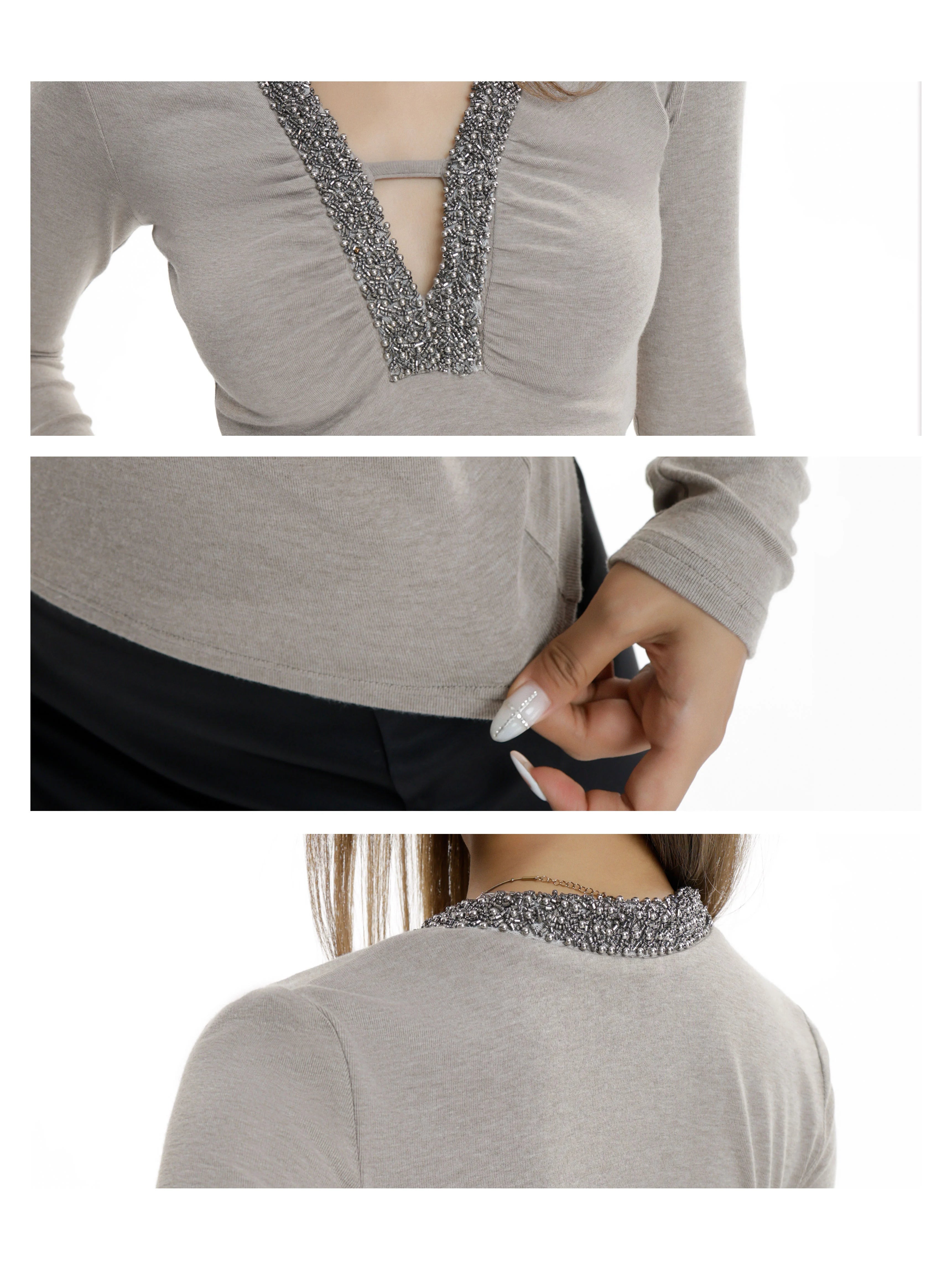 Audwyn V Neck Bead Slim Sleeve