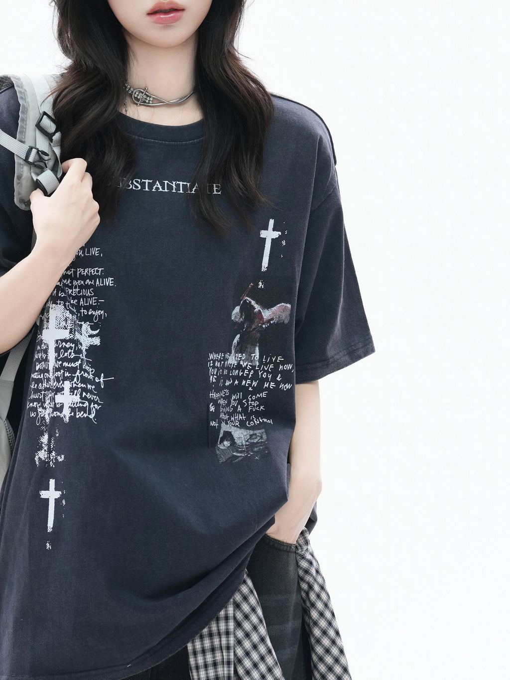 Zuocisankon Cross Printed Loose Tee