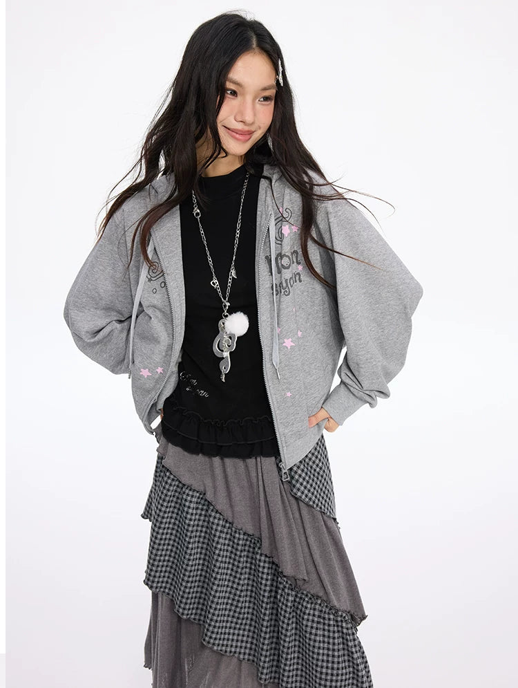 MOMSAYCAN Short Contrasting Print Hooded Jacket