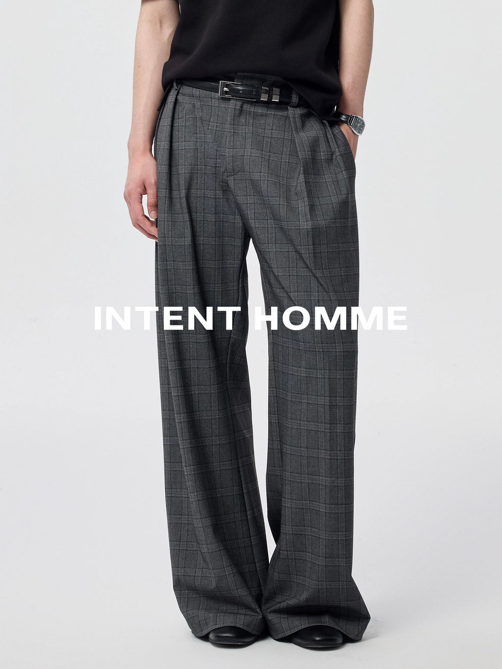 INTENT Plaid Double-pleated Simple Premium Loose Trousers