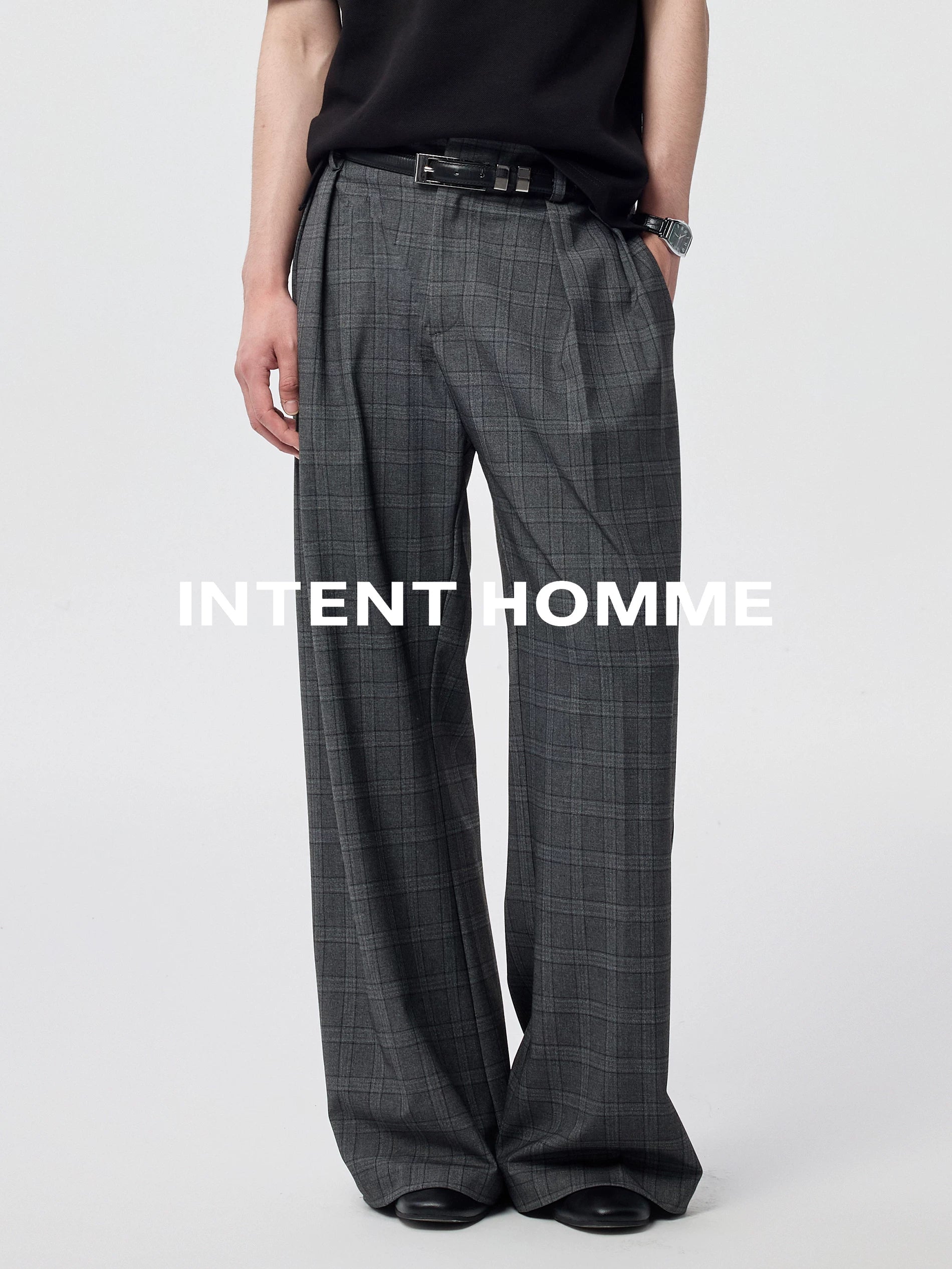 INTENT Plaid Double-pleated Simple Premium Loose Trousers