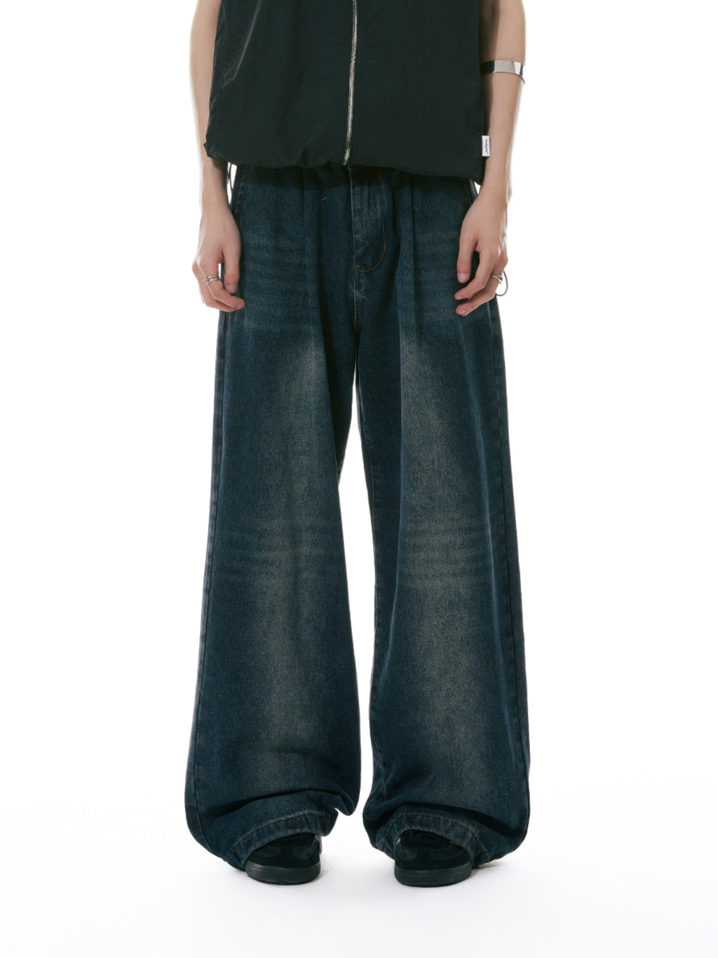 FUNKYFUN Pleated Design Trendy Washed Straight Jeans