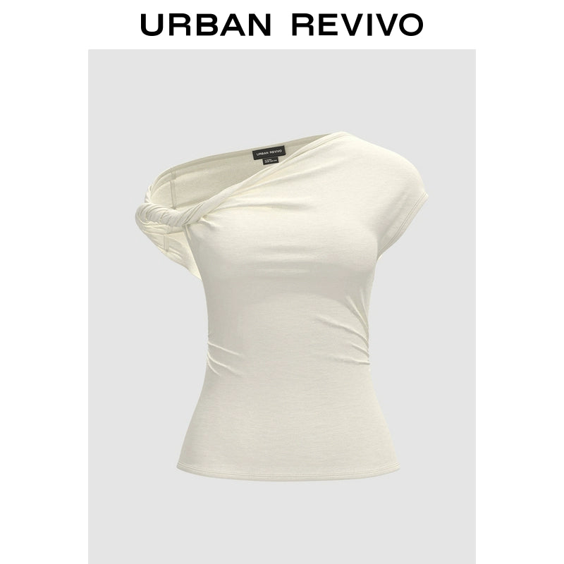 URBAN REVIVO Temperament Versatile Slanted Shoulder Collar Pleated Waist Tee