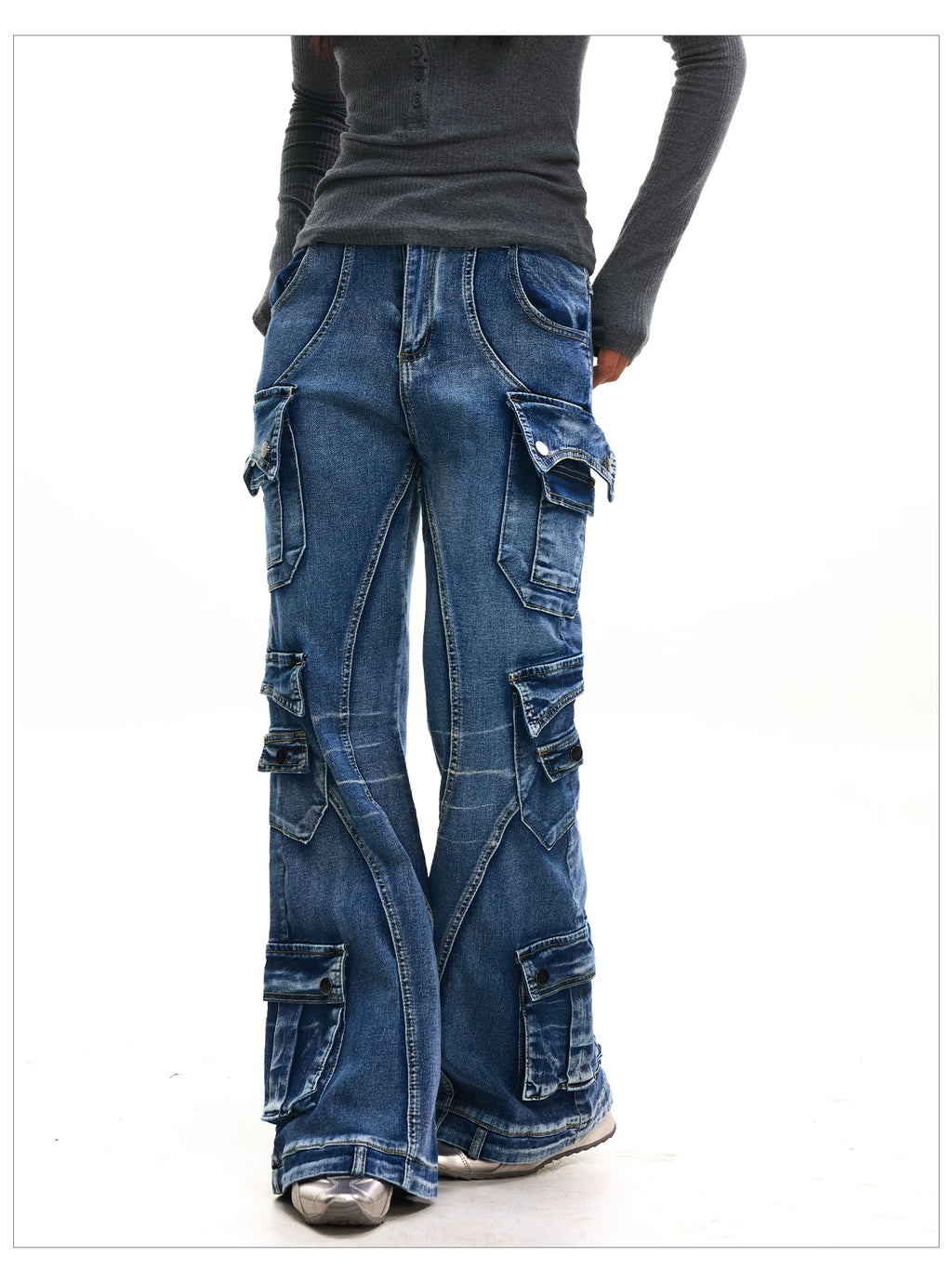 JHYWZD X BLACKLIST Retro Splicing Multi-pocket Micro-elastic Denim Flared Pants