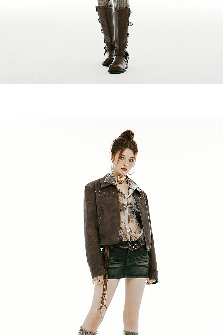IMONE Vintage Rivet Short Leather Jacket