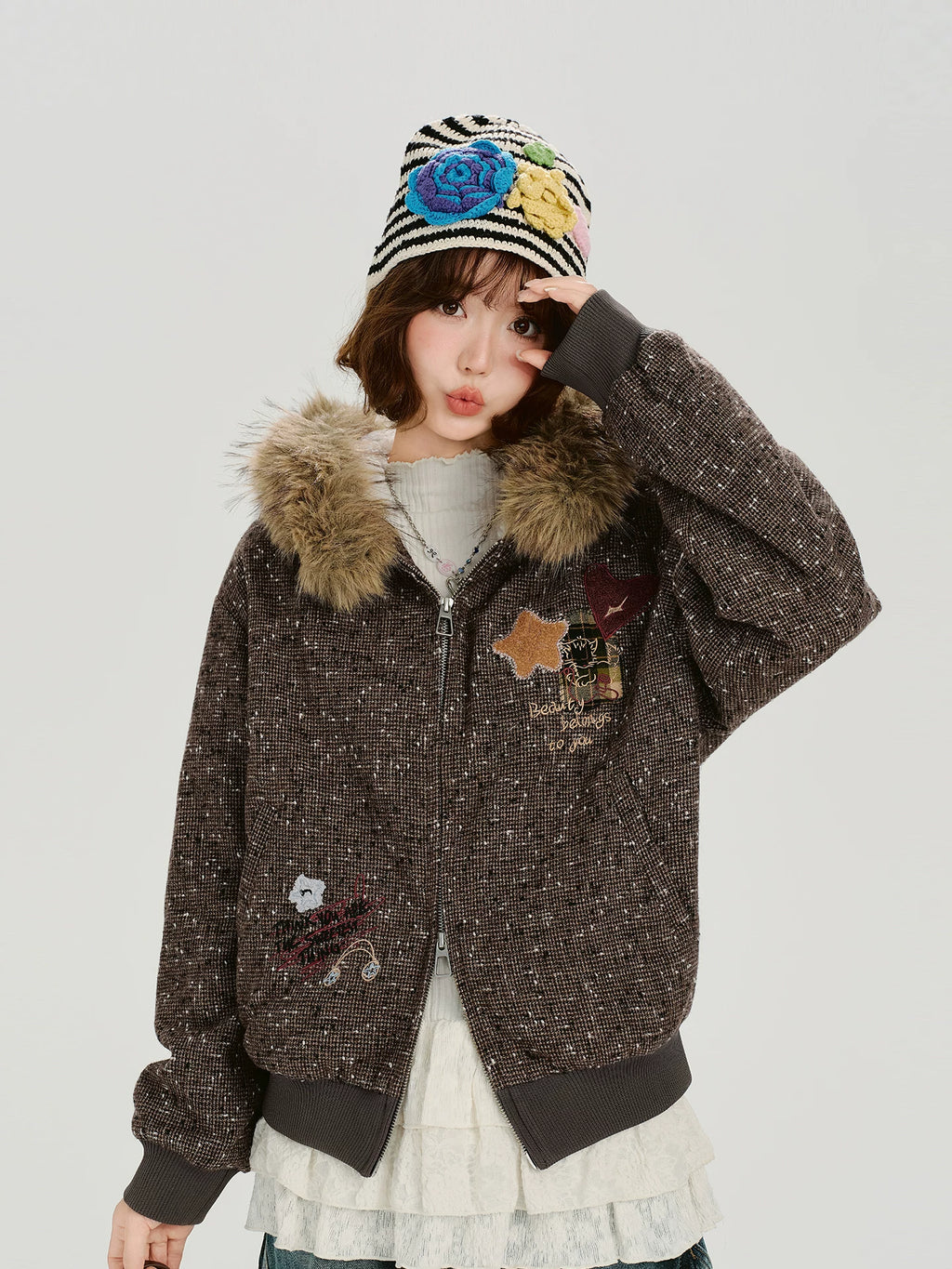 Girlyhalo Vintage Fur Collar Hooded Embroidered Jacket