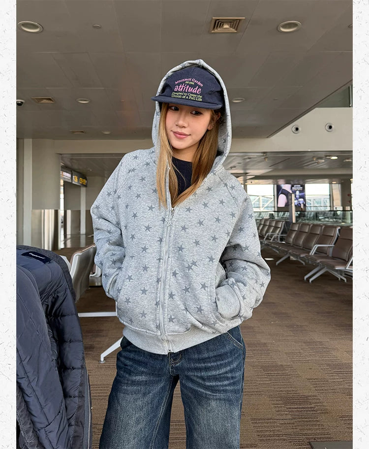 CCYE Star Full Printed Fleece Hooded Shoulder Sweater Jacket