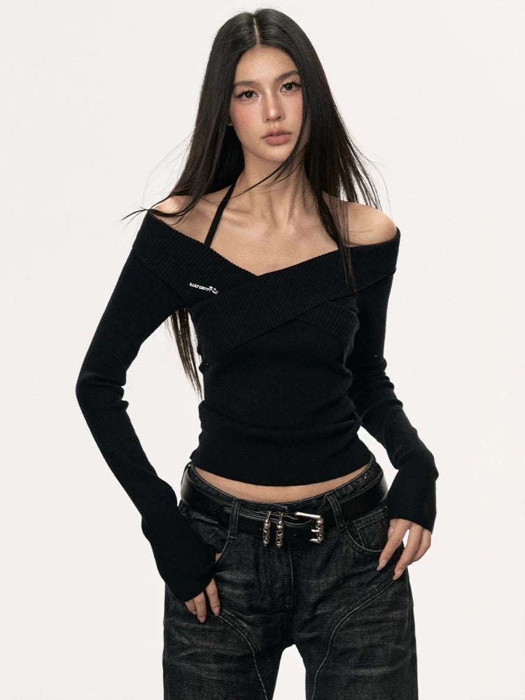 Anna Aneae Cross Off-Shoulder Knit Long Sleeves