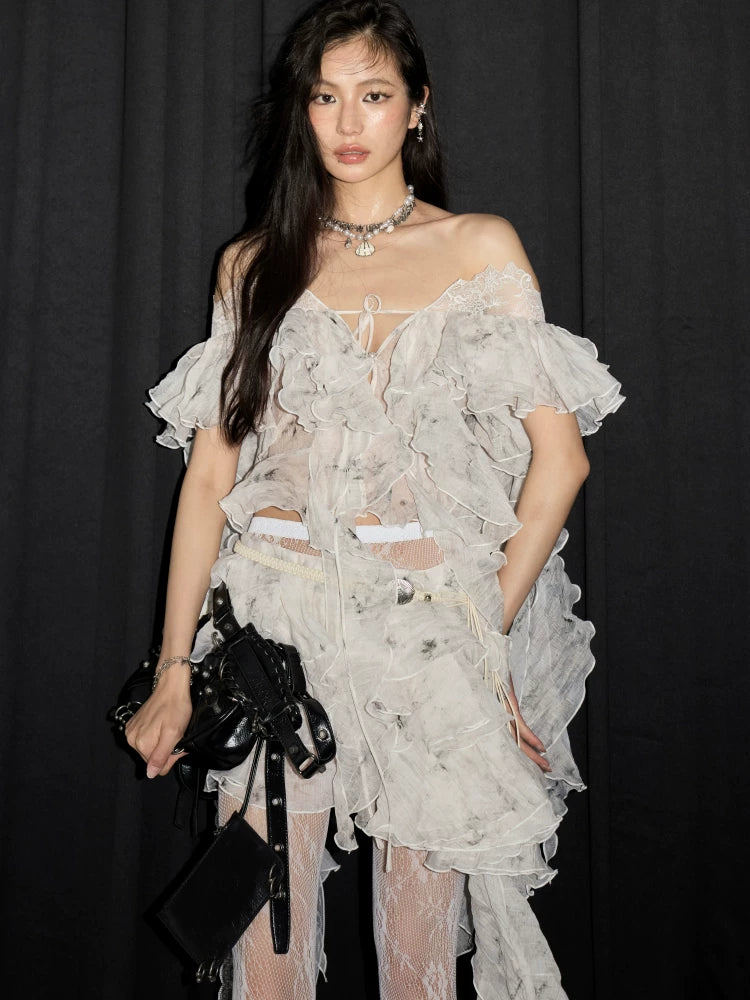 JNYLON Vintage Ruffle Edge Irregular Half Skirt