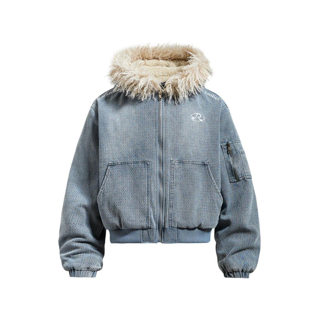 Saimt Retro Faux Fur Collar Hooded Denim Cropped Padded Jacket