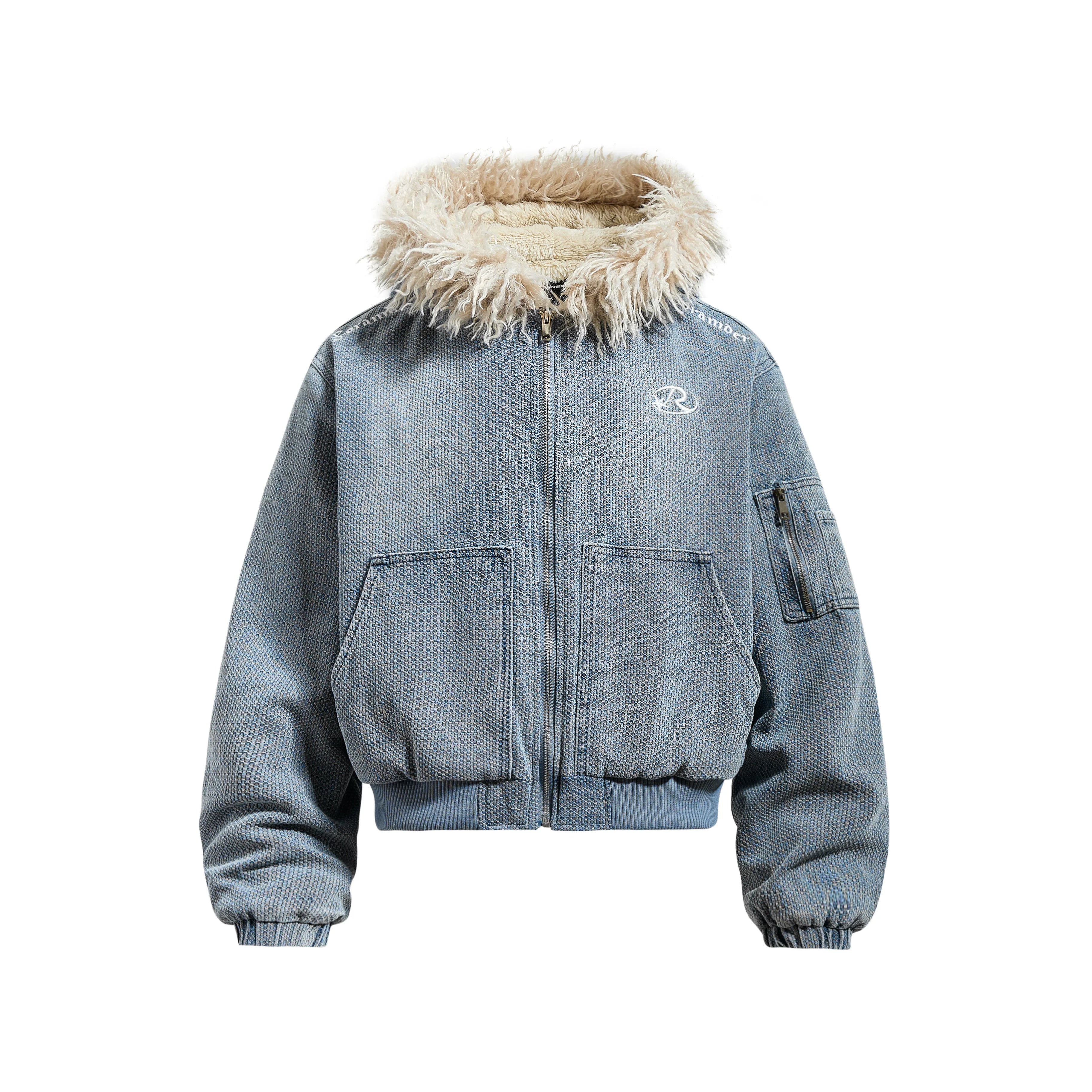 Saimt Retro Faux Fur Collar Hooded Denim Cropped Padded Jacket