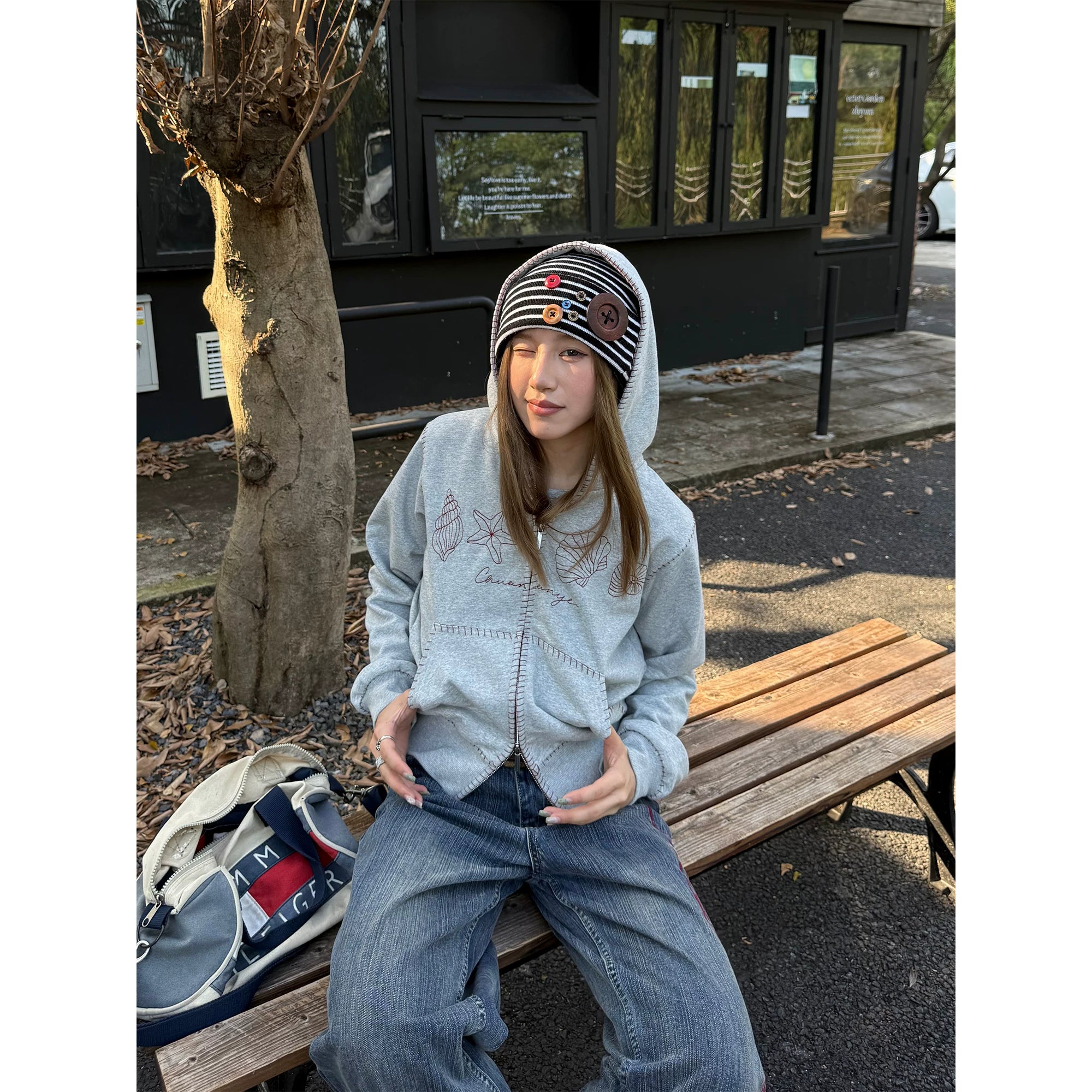 CCYE Vintage Front Shoulder Hooded Embroidered Sweater Jacket