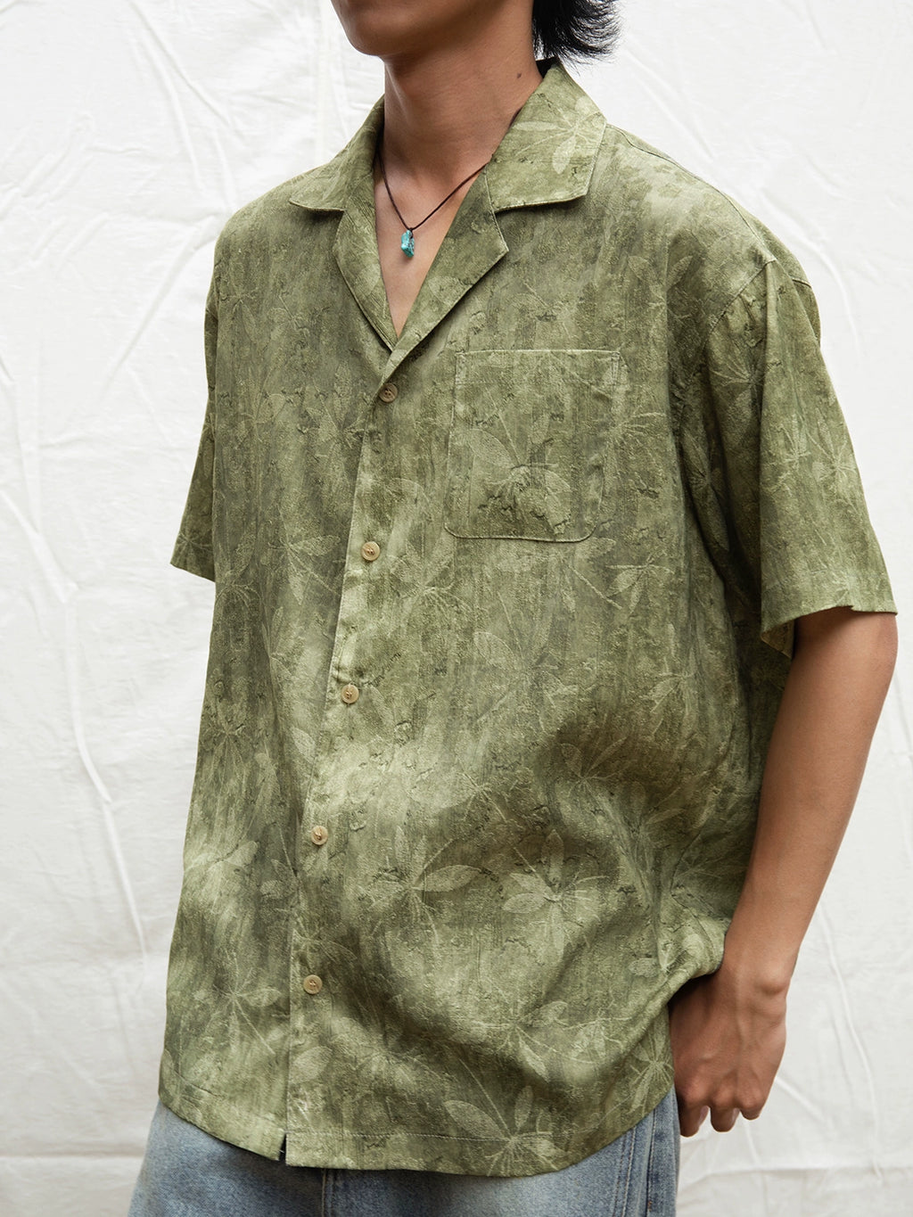 Mentmate Natural Tree Pattern Cuban Neck Short Sleeve Shirt