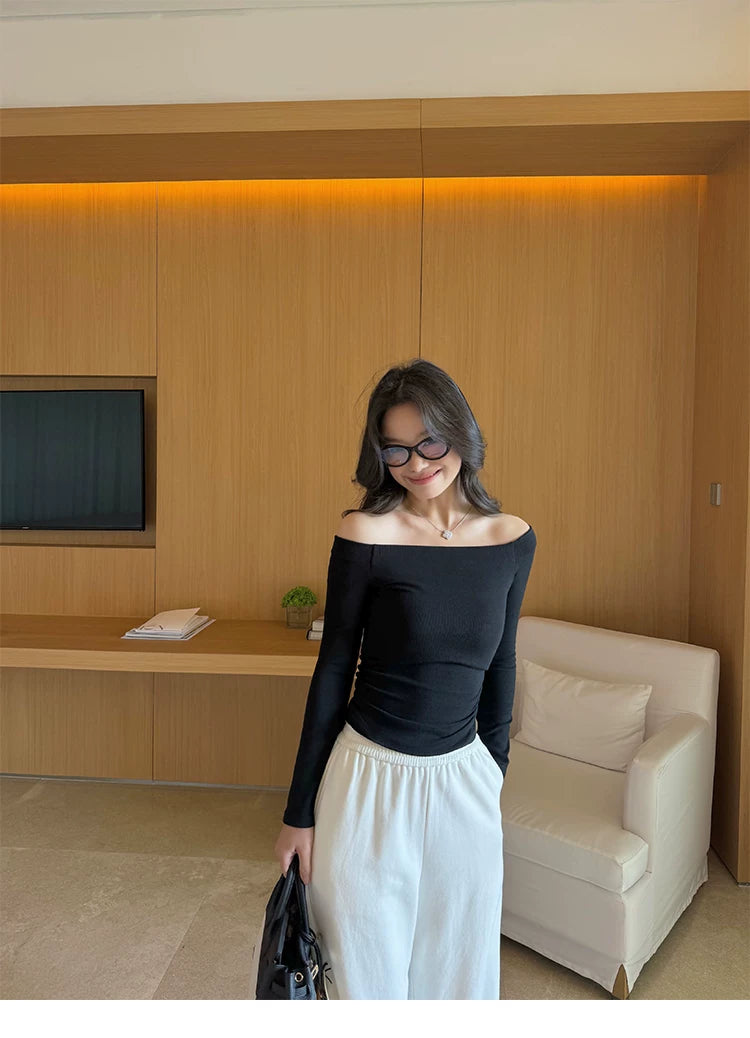 Pusumede Temperament Word Shoulder Slim Pleated Long Sleeves
