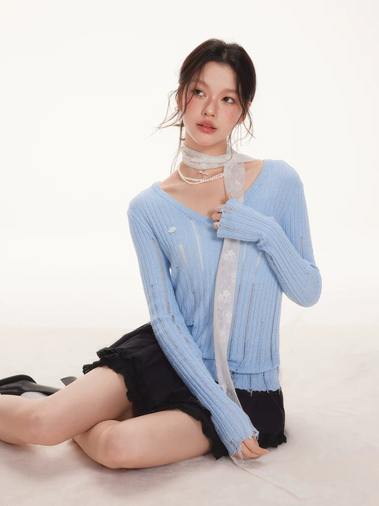 Imone Slightly Transparent Hole V Neck Waist Thin Long Sleeve