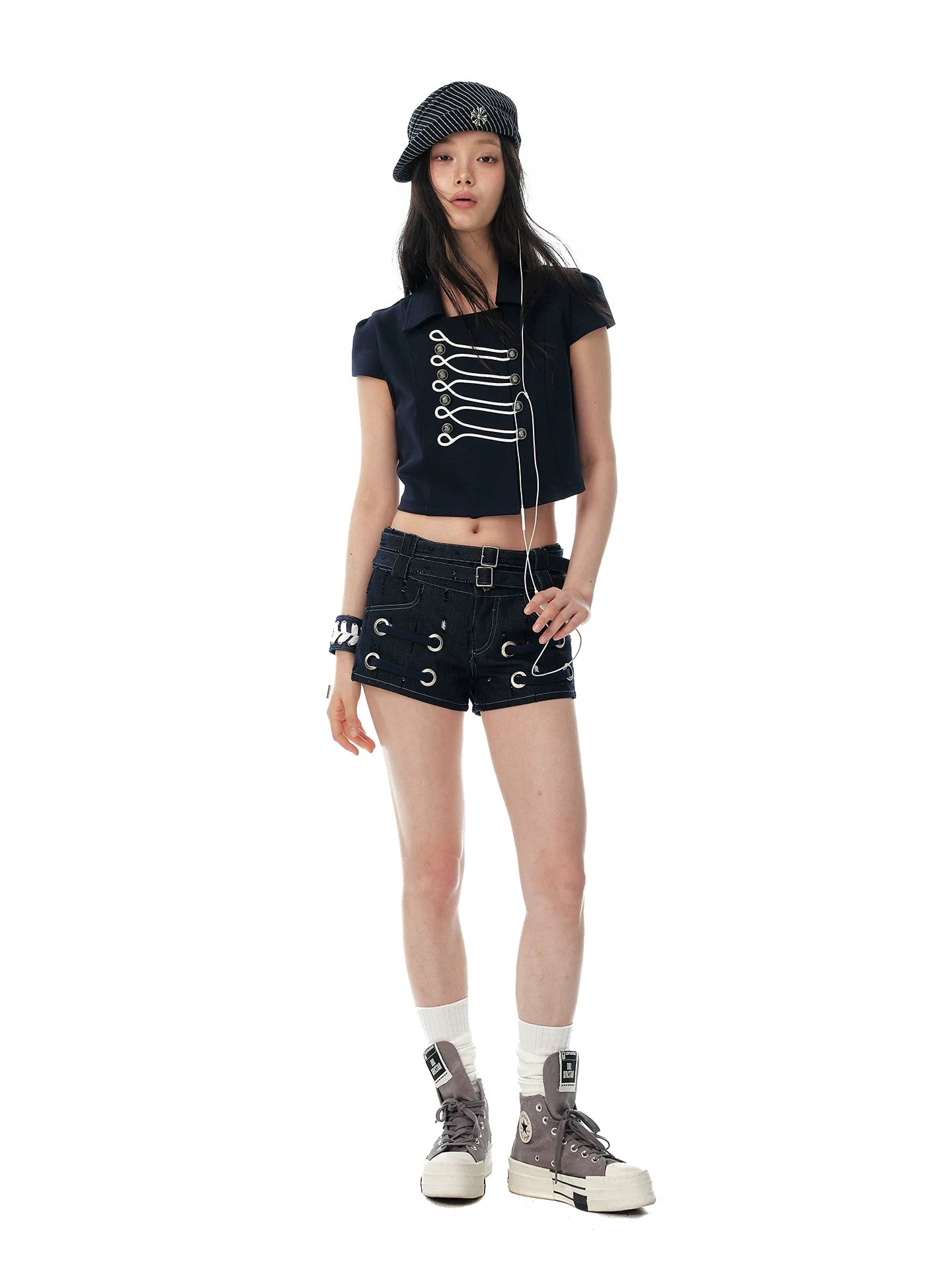 JIKOO Double-breasted Lapel Waist Short Shirt