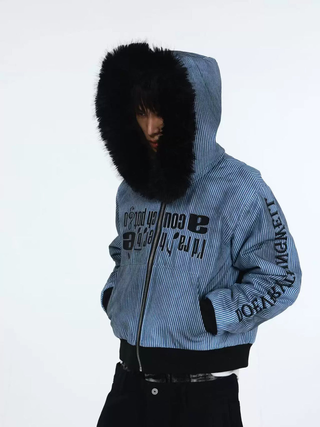 DETW Striped Long Fur Collar Lamb Fleece Hooded Jacket