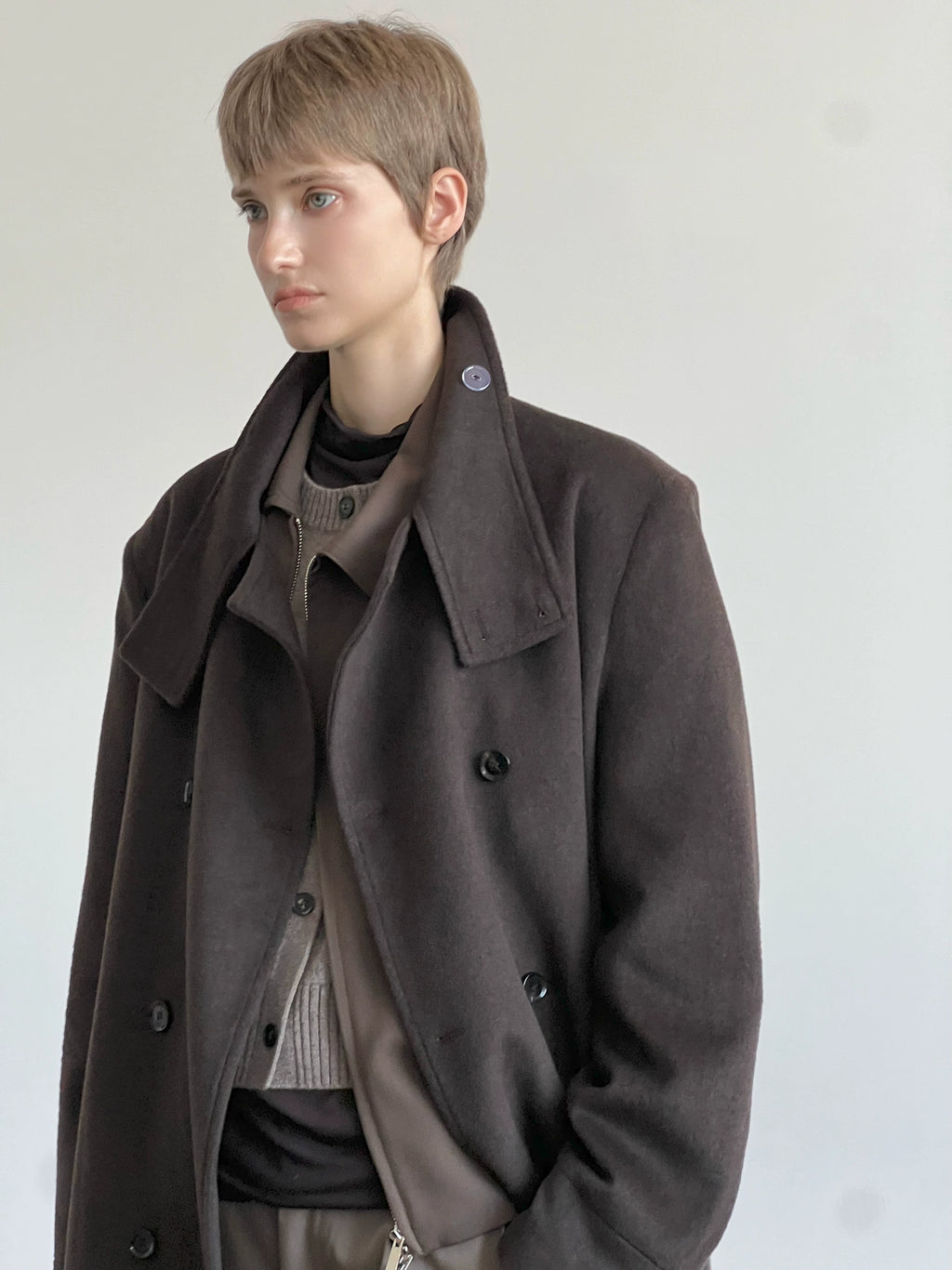COLN Wool Double-breasted Stand-up Coat