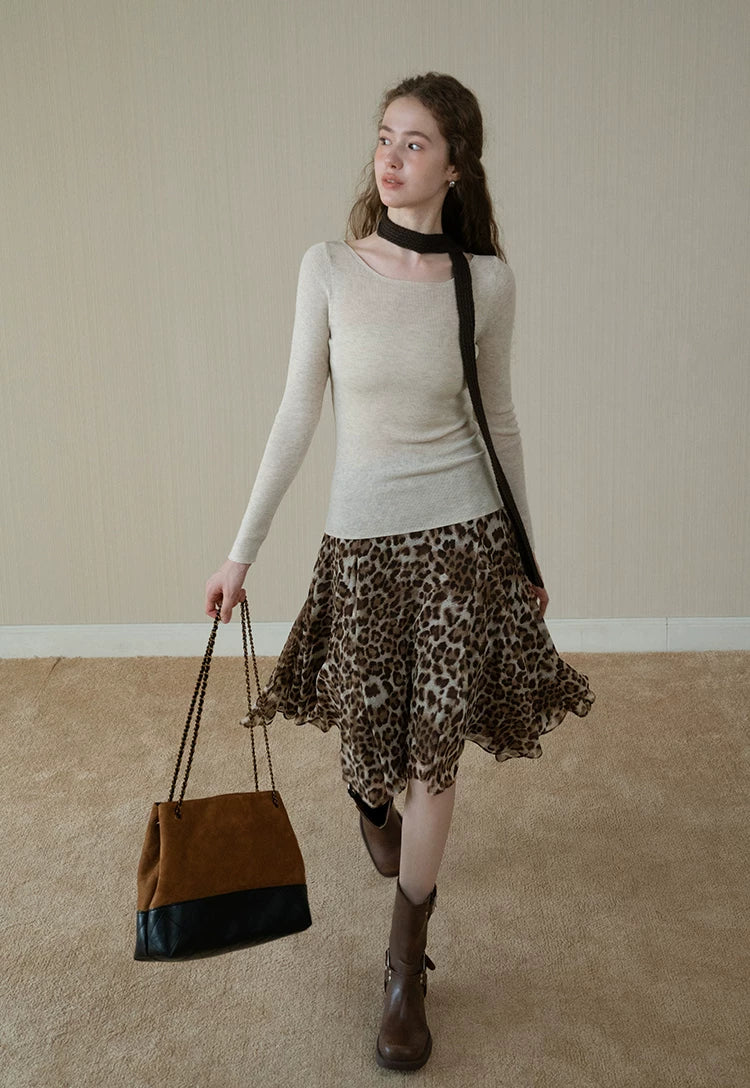 EGGKA High Waist Leopard Print Drape Skirt