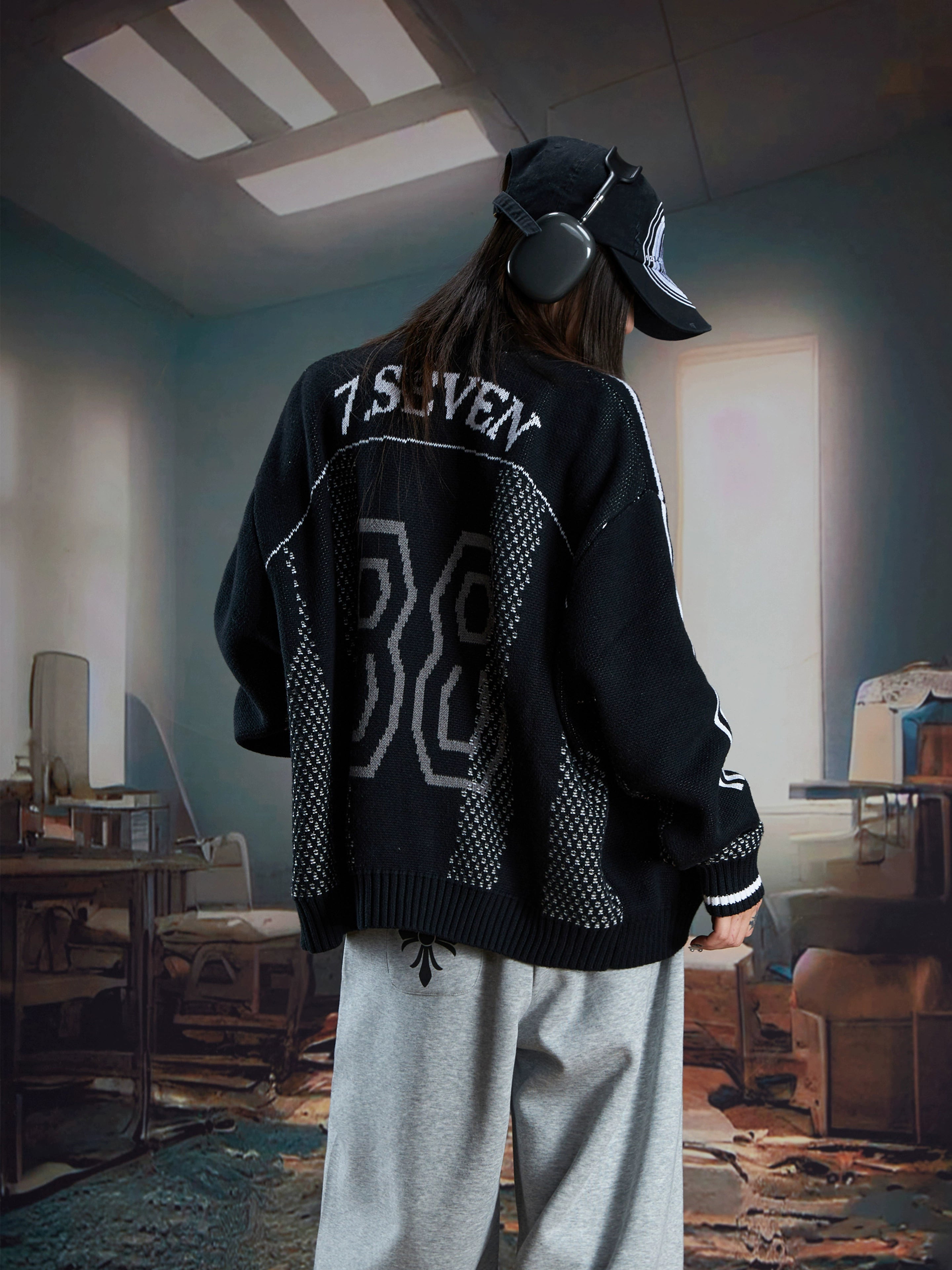 NOMANIAI Retro Contrasting Color Stand-up Neck Zipper Sweater Jacket