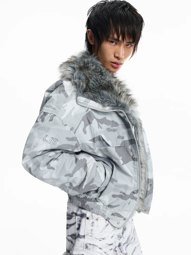 Lightinus Grey and White Camouflage Faux Wolf Hair Lapel Embroidered Padded Jacket