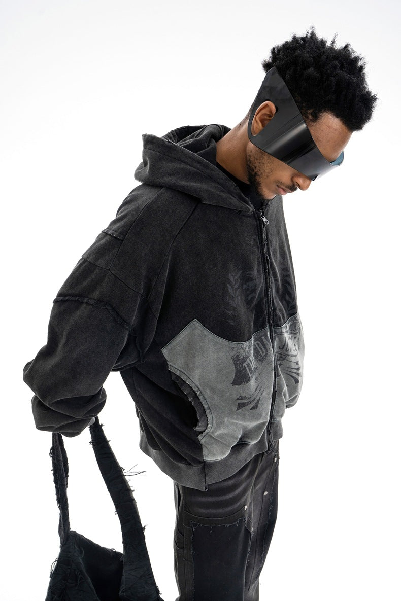 SUPER WAY Vintage Stitching Digital Print Hooded Sweater