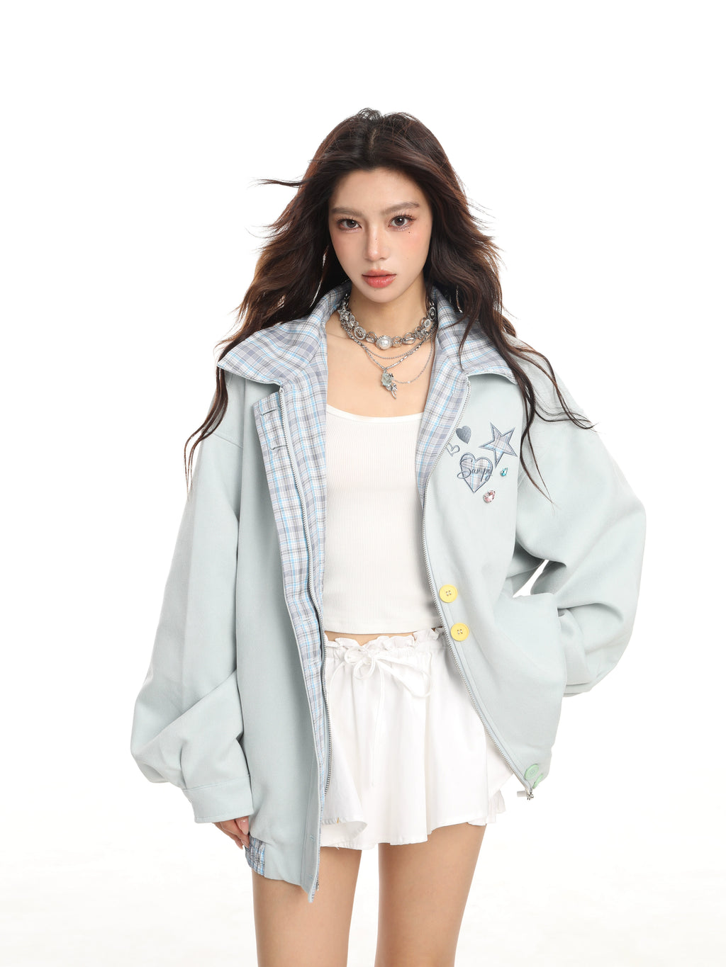 KDASE Plaid Lapel Embroidered Baseball Jersey