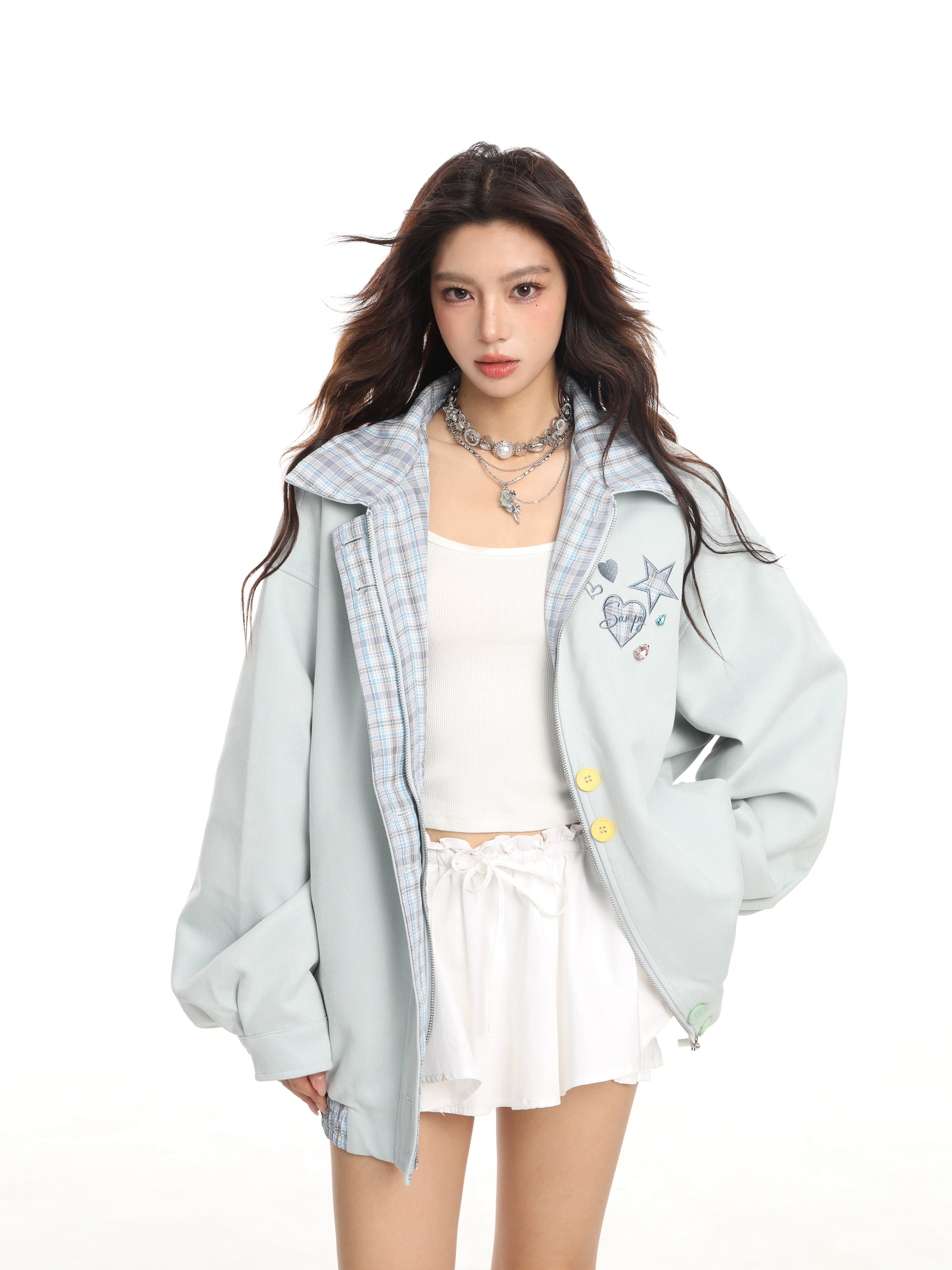 KDASE Plaid Lapel Embroidered Baseball Jersey