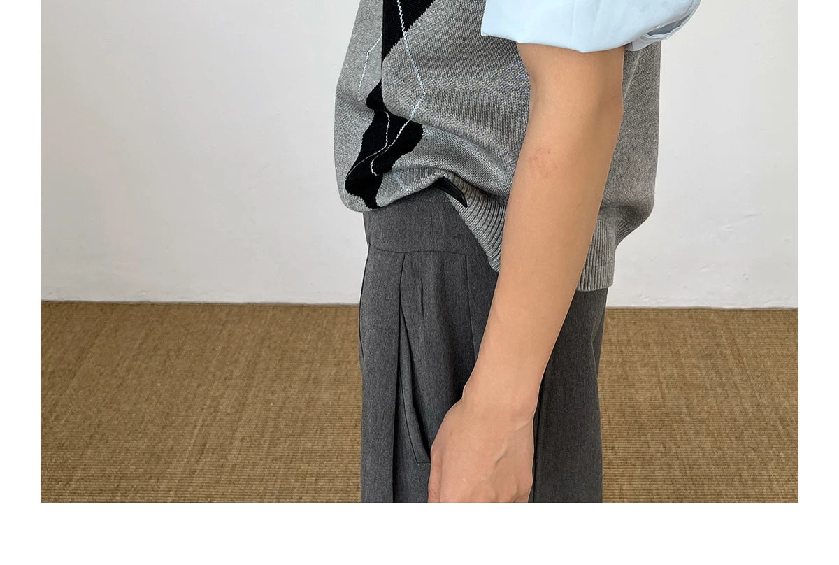 Chein Rhombus Shirt Collar Fake Two-piece Knitted Sweater
