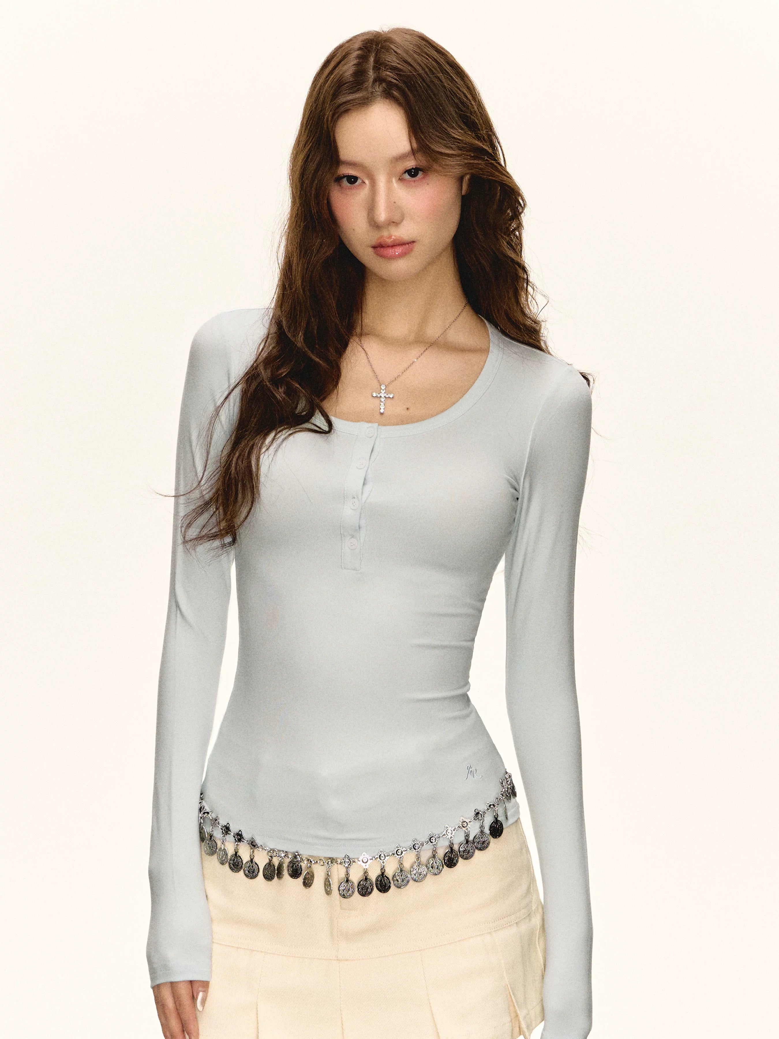 Ariseism Vintage Henry Collar Slim Fit Versatile Long Sleeve