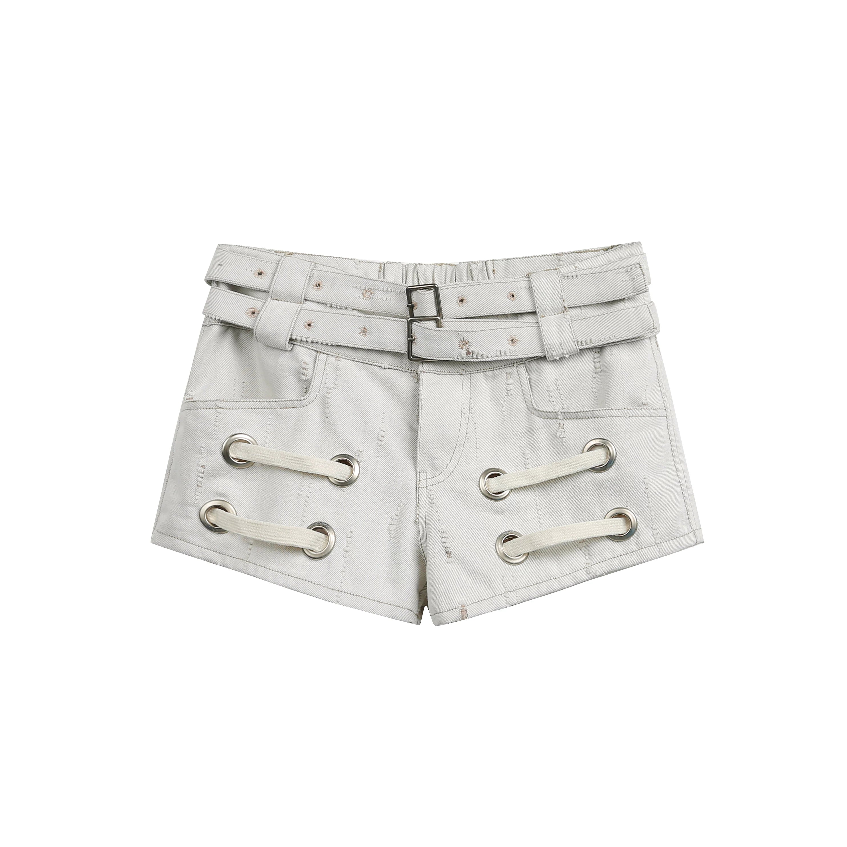 JIKOO Double Belt Denim Shorts