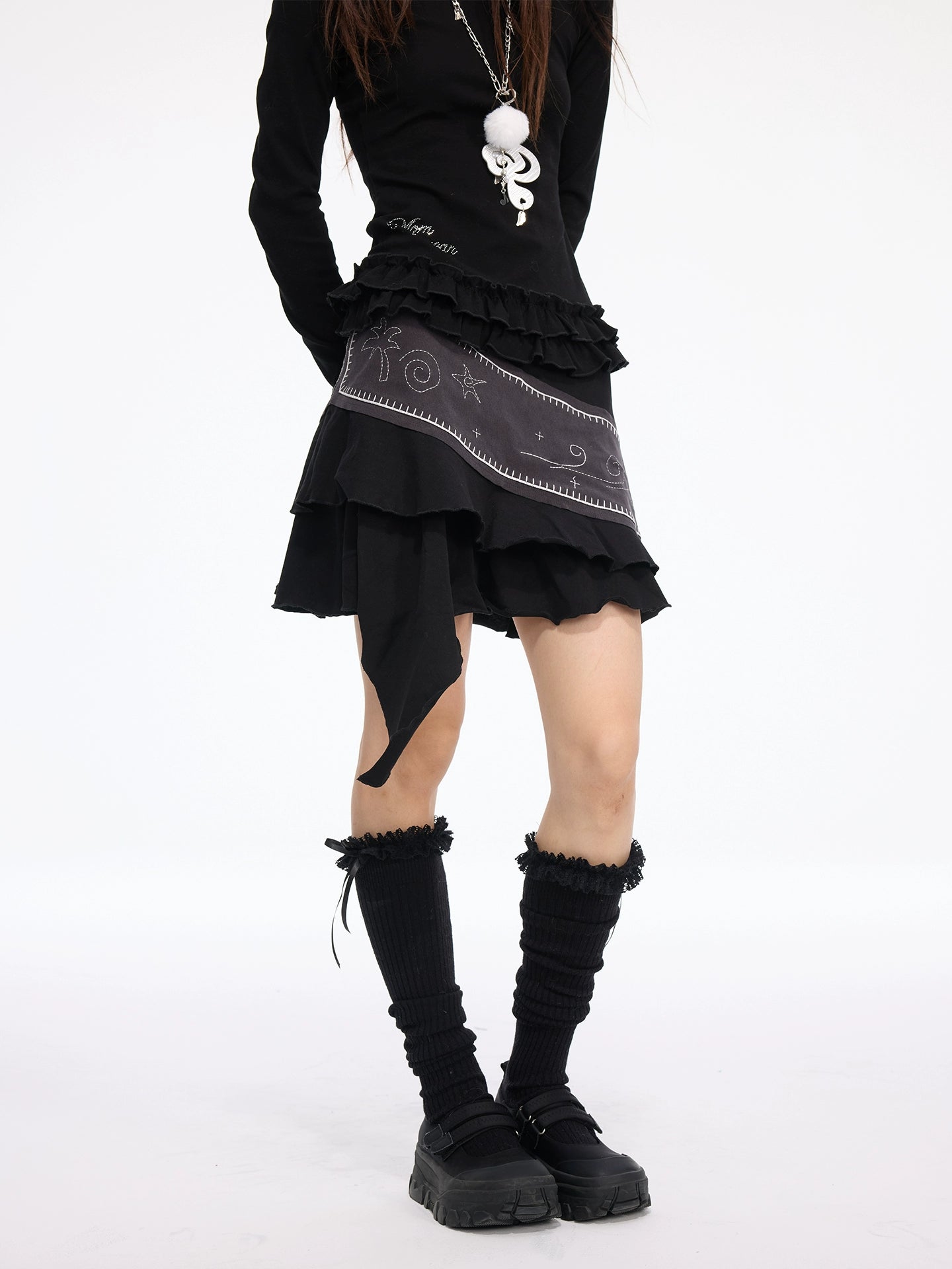 MOMSAYCAN Contrasting Color Embroidery A-word Skirt