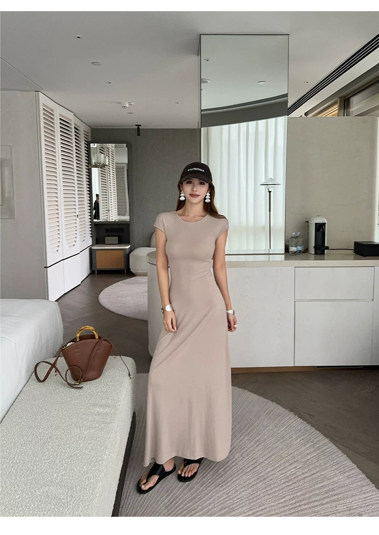 NEVA HU Simple Round Neck Slim-fitting Long Skirt