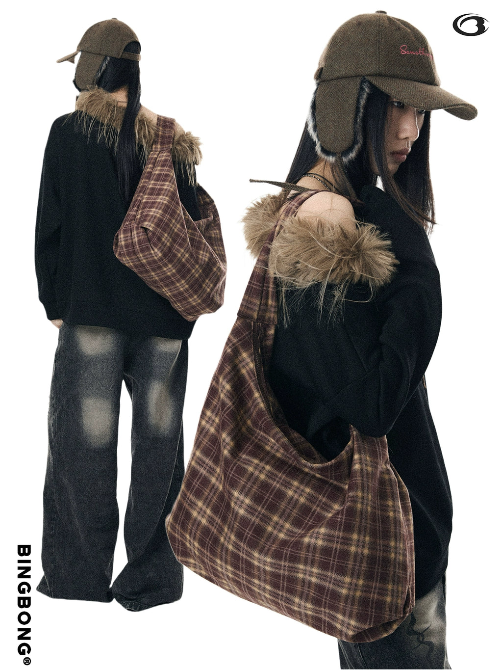 BINGBONG Retro Plaid Casual Shoulder Canvas Bag