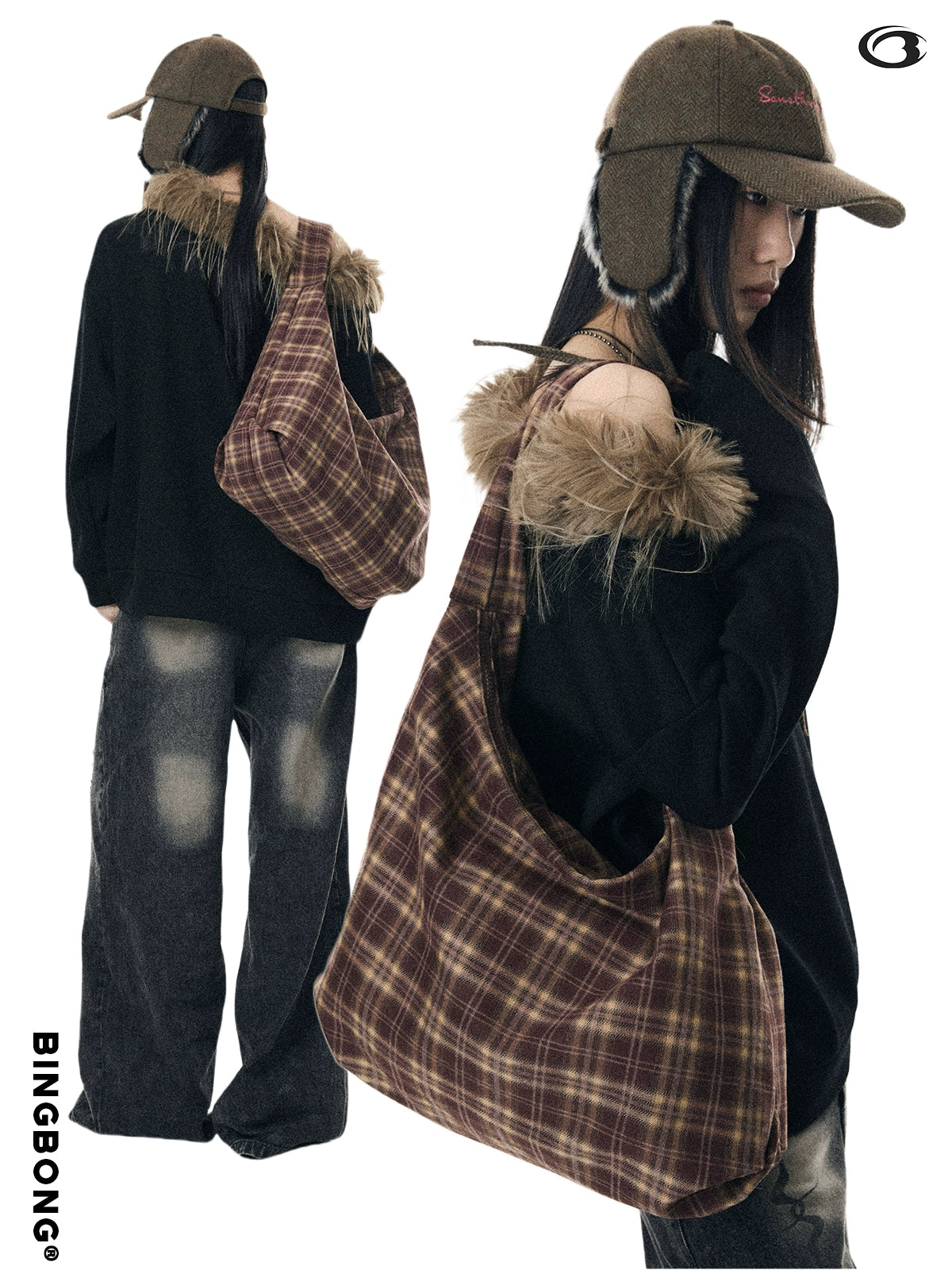 BINGBONG Retro Plaid Casual Shoulder Canvas Bag