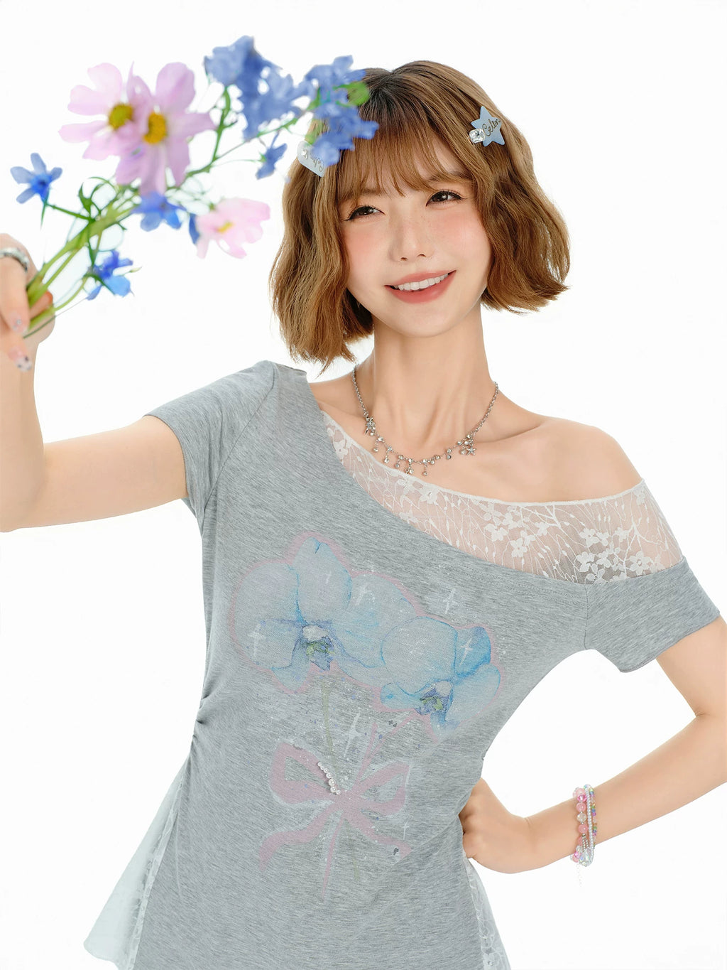 Girlyhalo Vintage Lace Splice Shoulder Tee