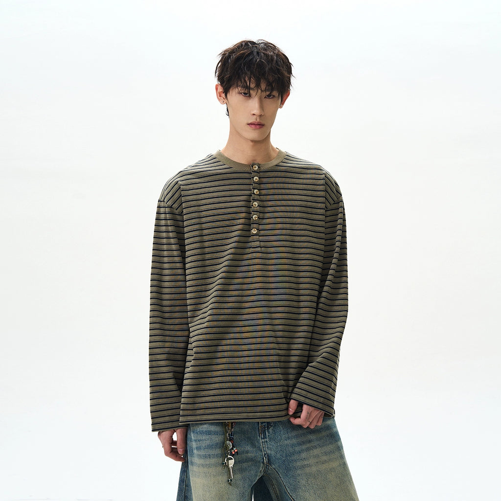 A PUEE Vintage Henry Collar Striped Long Sleeve