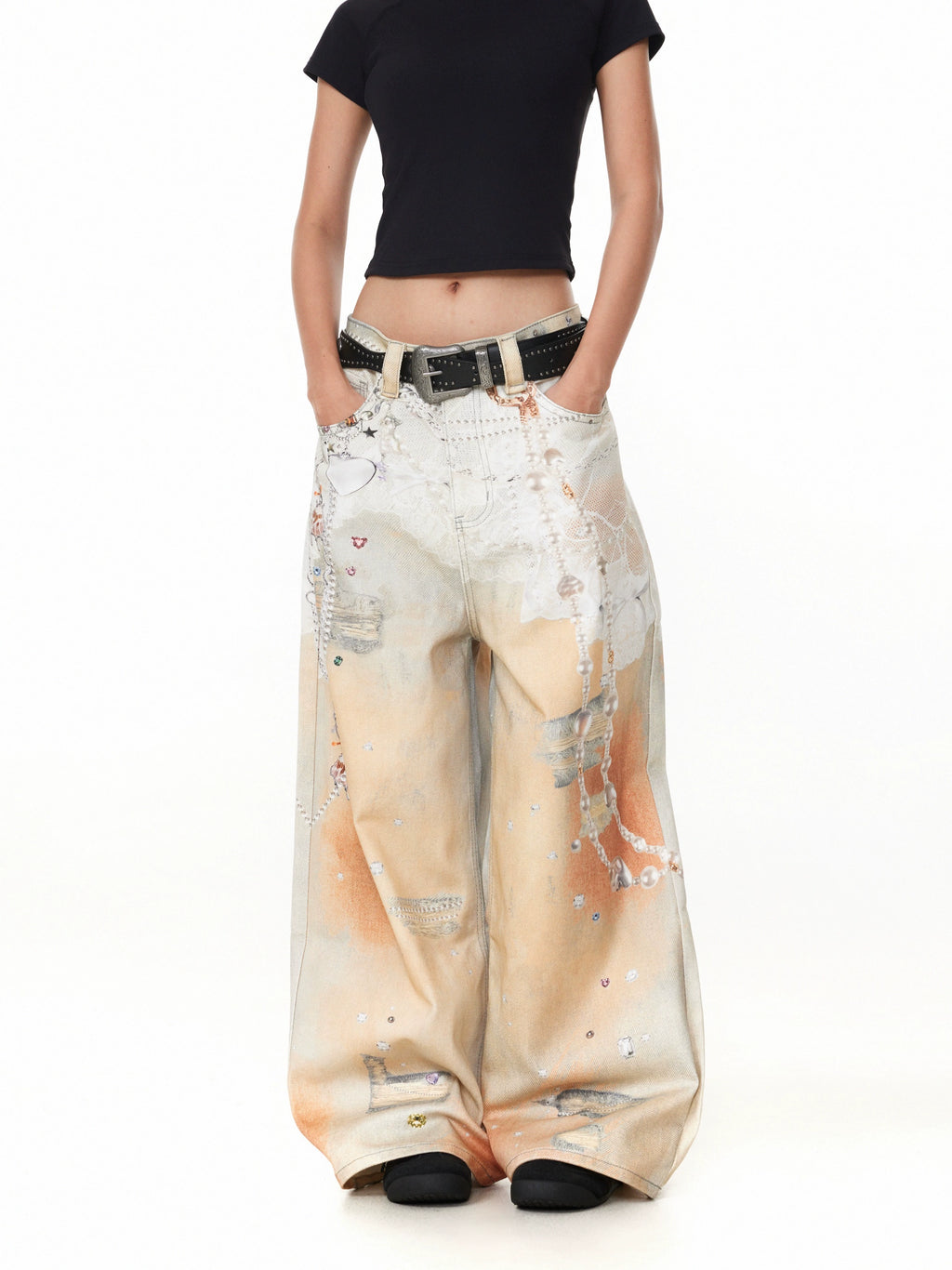 BTSG Retro 3D Chain Printing Loose Wide-leg Jeans