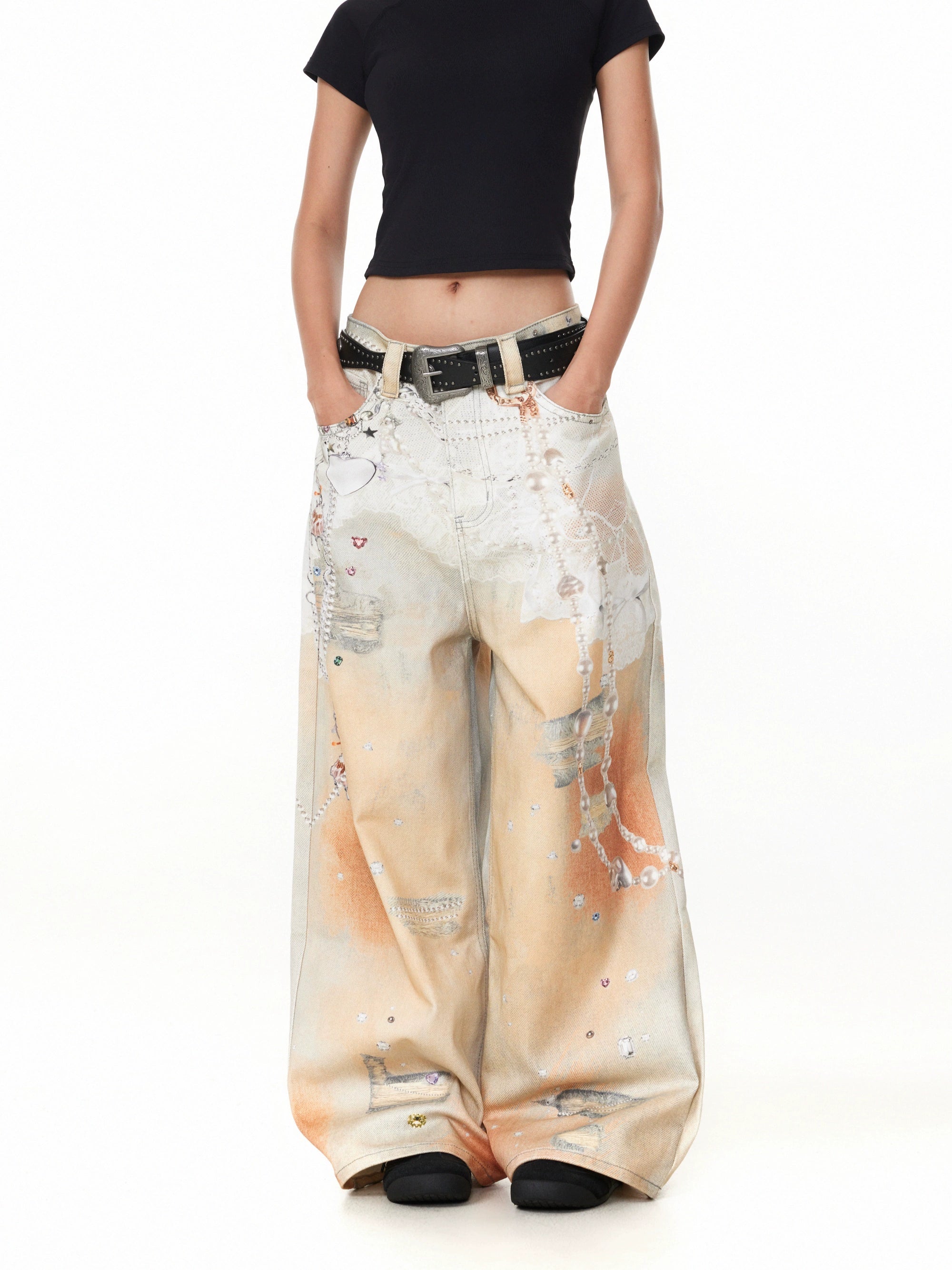 BTSG Retro 3D Chain Printing Loose Wide-leg Jeans