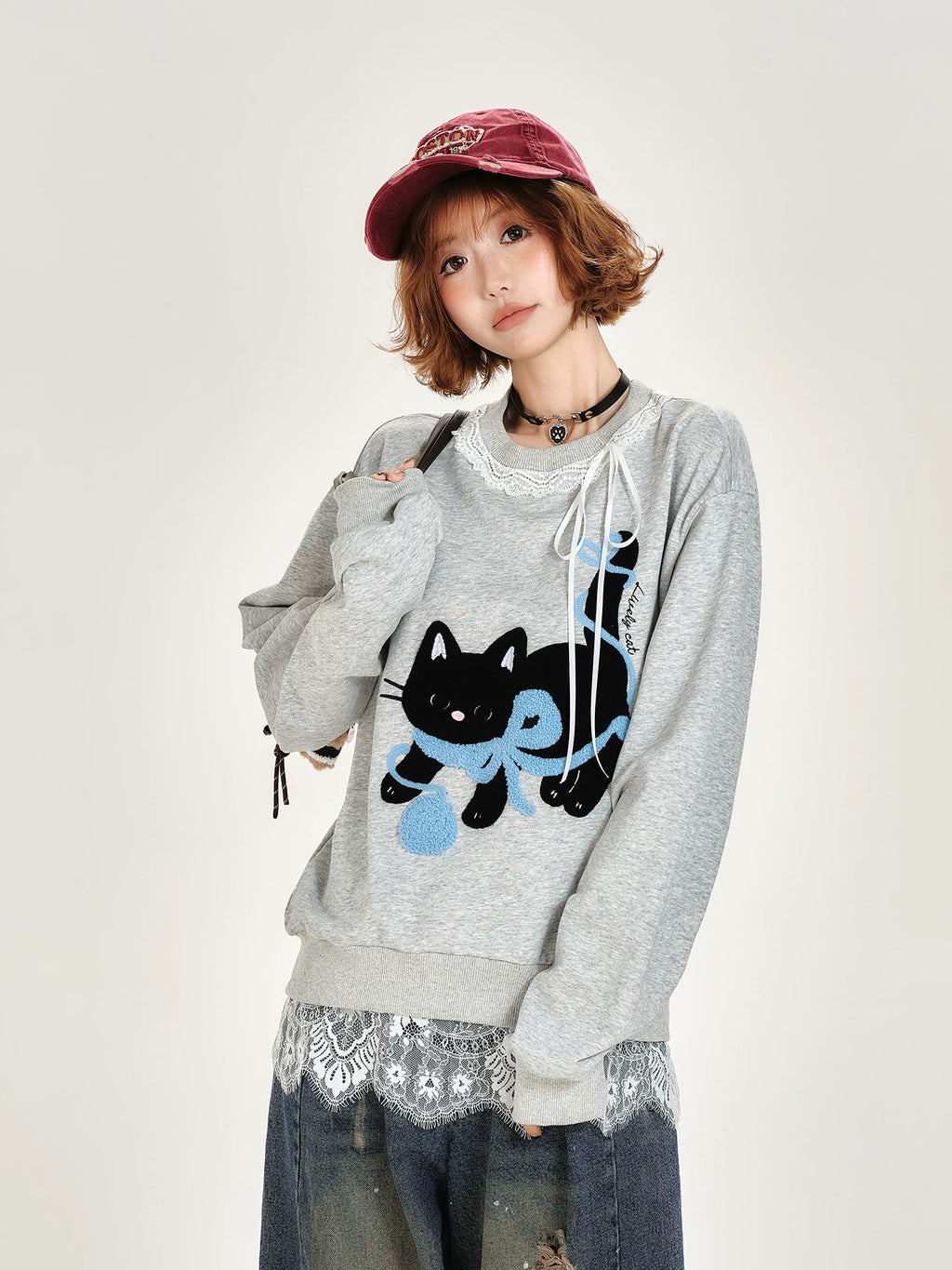 Girlyhalo Retro Hem Lace Pullover Round Neck Sweatshirt
