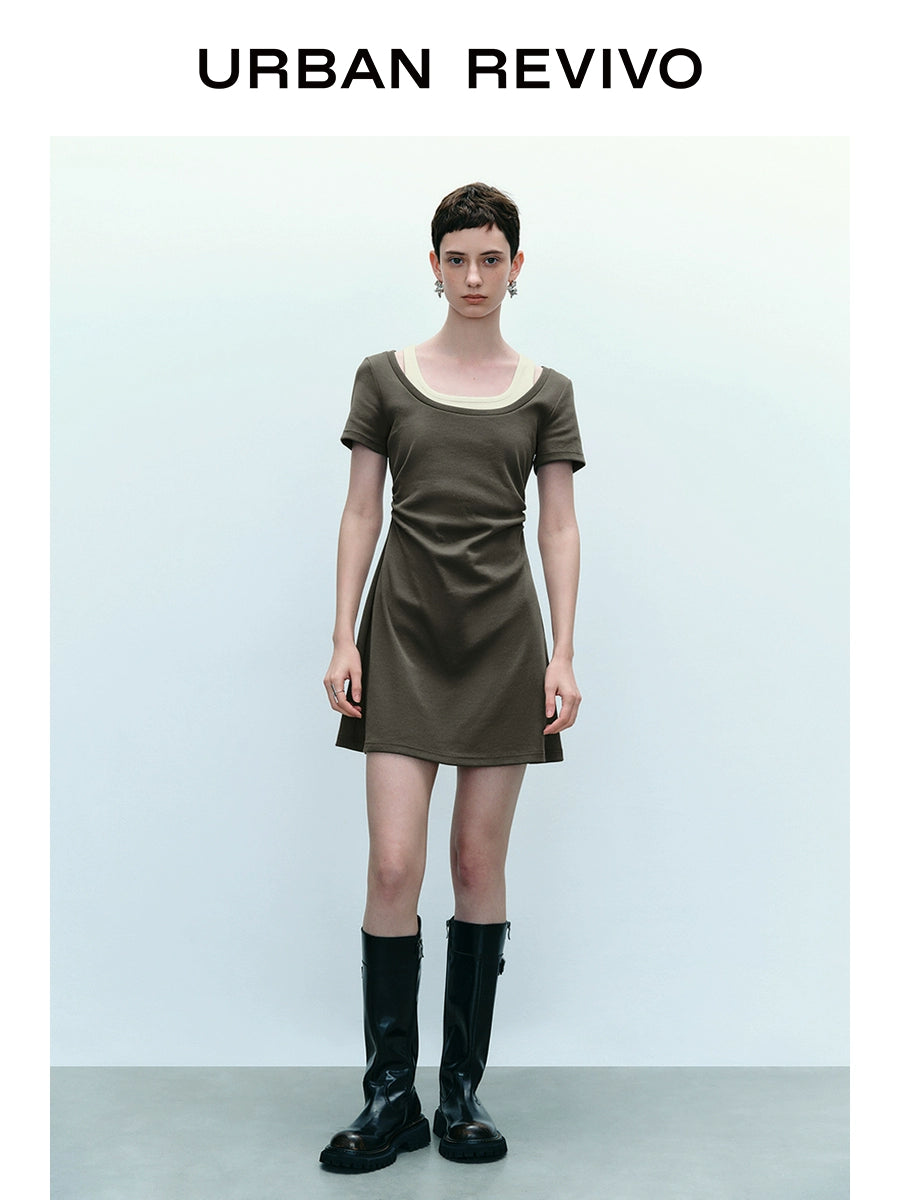 URBAN REVIVO Contrasting Splicing Fake Two-piece Pleated Short-sleeved Dress