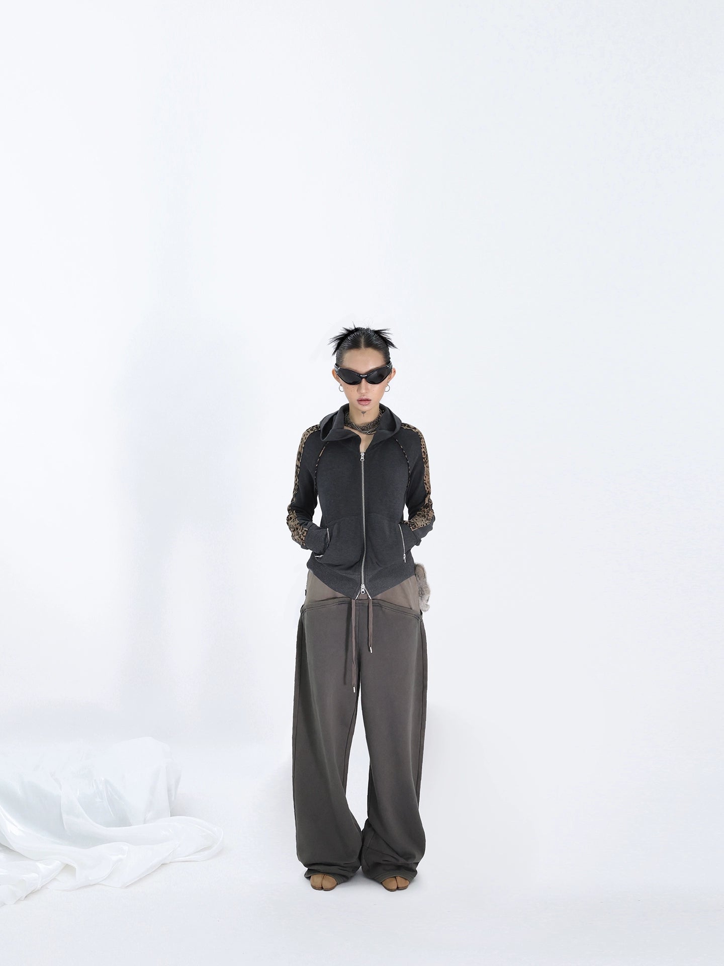 FUZZYKON Loose Old Splicing Double Waist Sweatpants