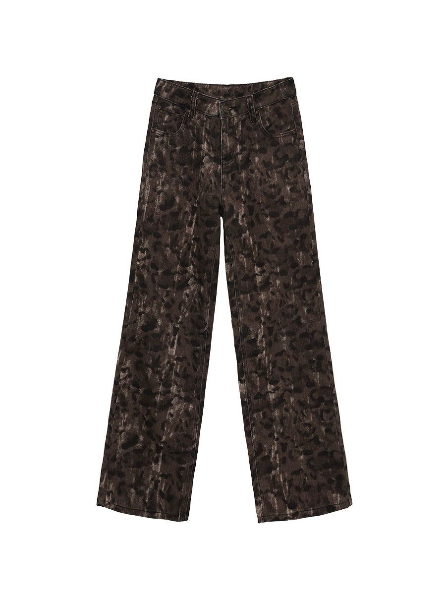 FUZZYKON Straight Low-rise Retro Leopard Print Jeans