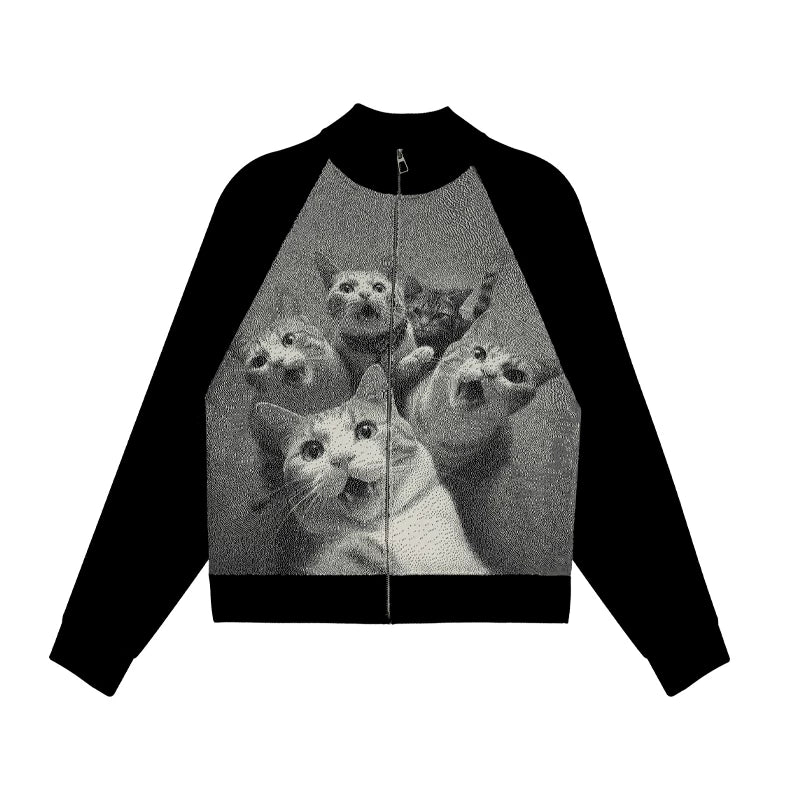 MoodLikeMe Cat Jacquard Ragged Lapel Cardigan Sweater