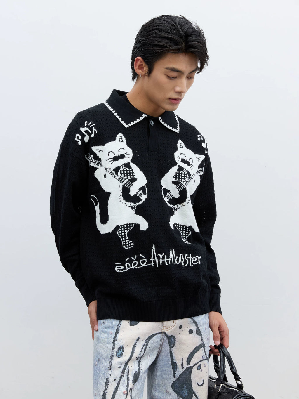 eeeeArtmonster Cat Jacquard Knitted Hollow Long Sleeve Blouse