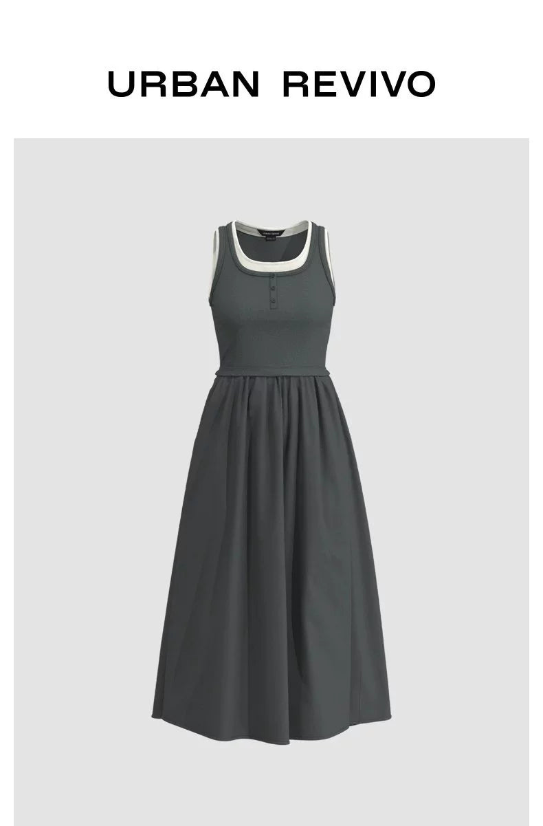 URBAN REVIVO Stitching Fake Two-piece Contrasting Sleeveless Dress