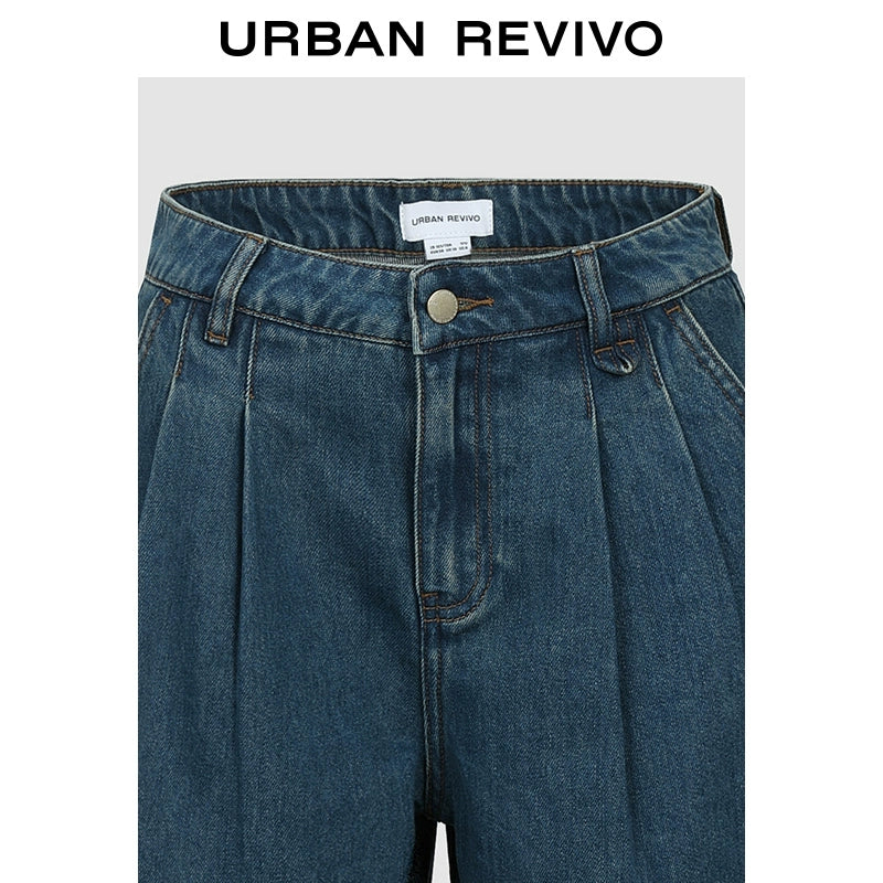 URBAN REVIVO Casual Retro Washed Pleated Denim Shorts